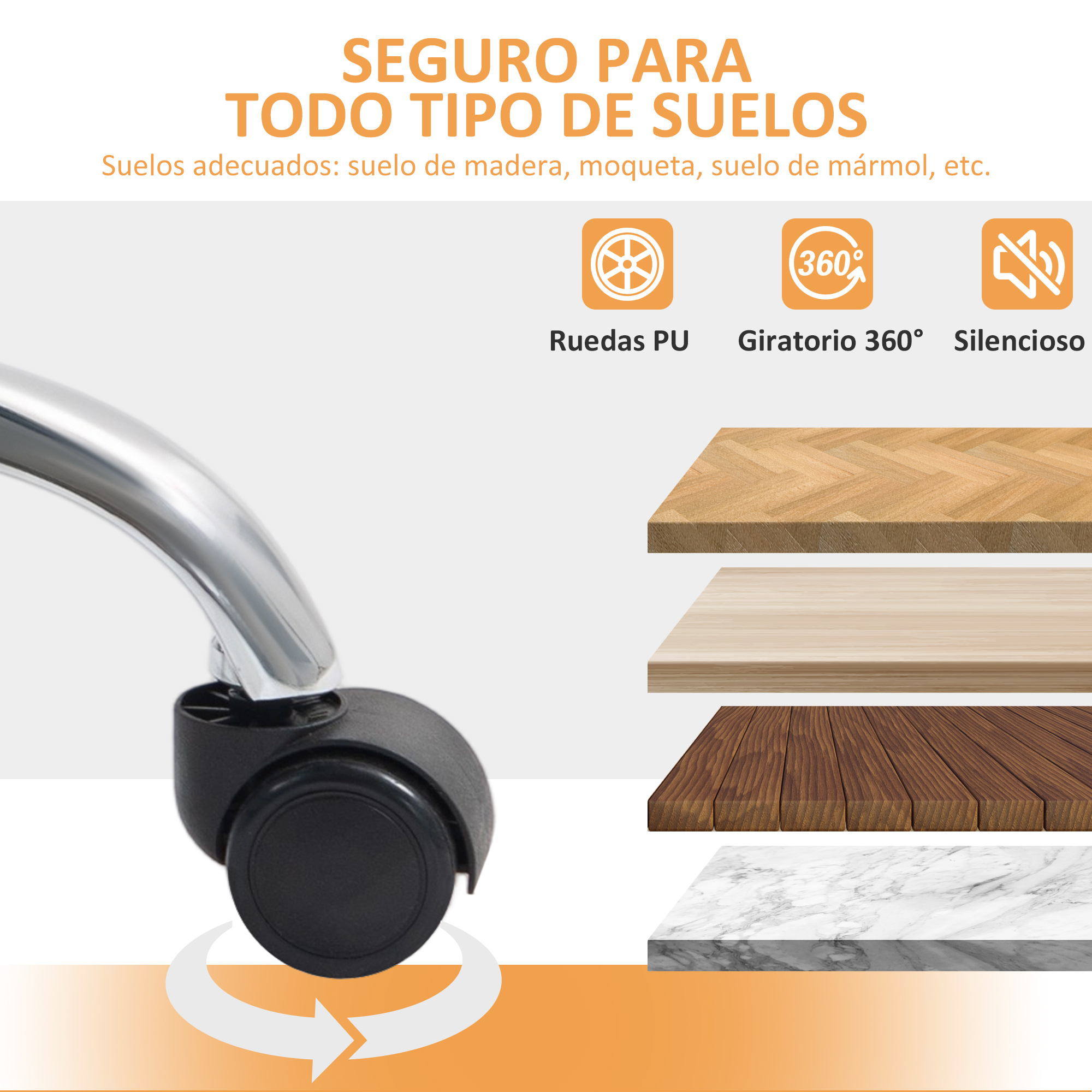 Una rueda de silla gira sobre suelos de madera, moqueta y mármol.