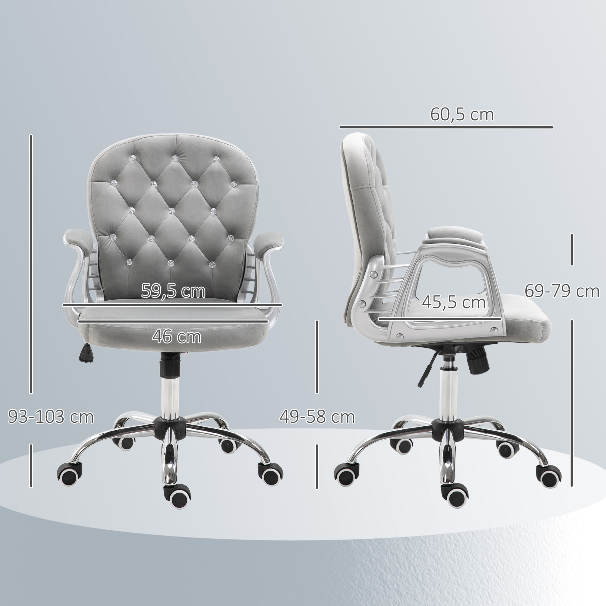 Silla de oficina gris con botones de diamante y dimensiones, vistas frontal y lateral.