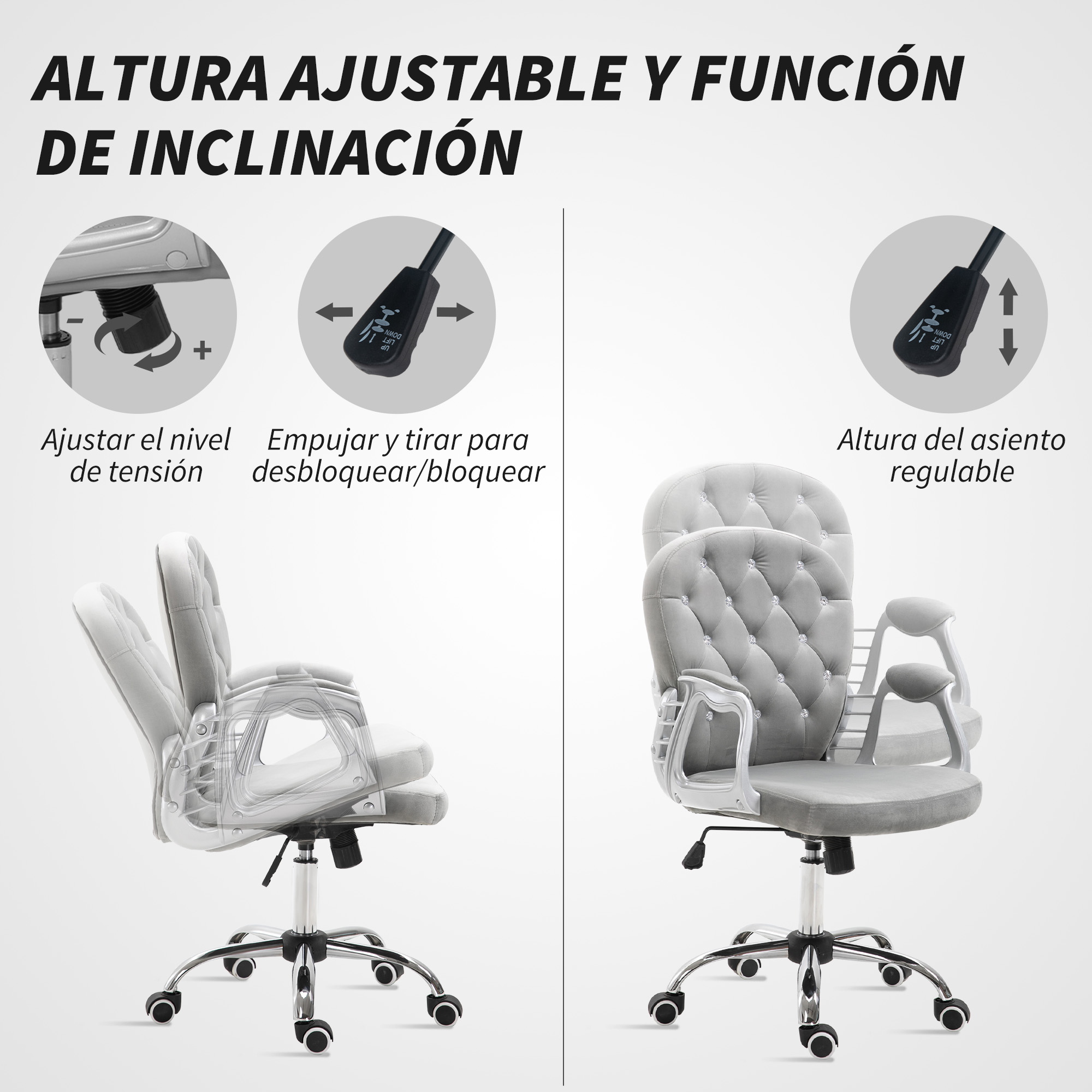 Una silla de oficina gris con altura y función de inclinación.