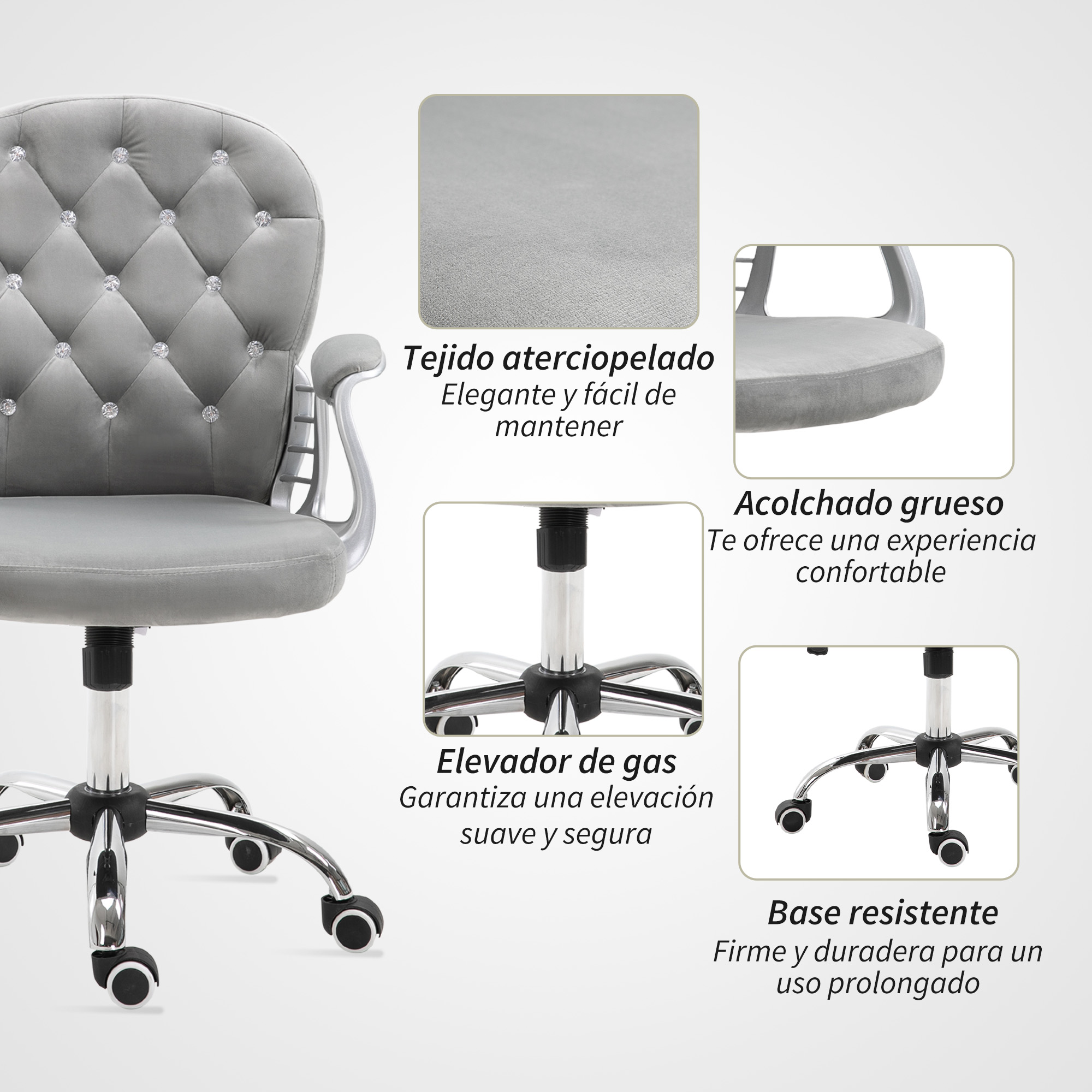 Silla de oficina gris con detalles de cristal, asiento acolchado y base cromada.