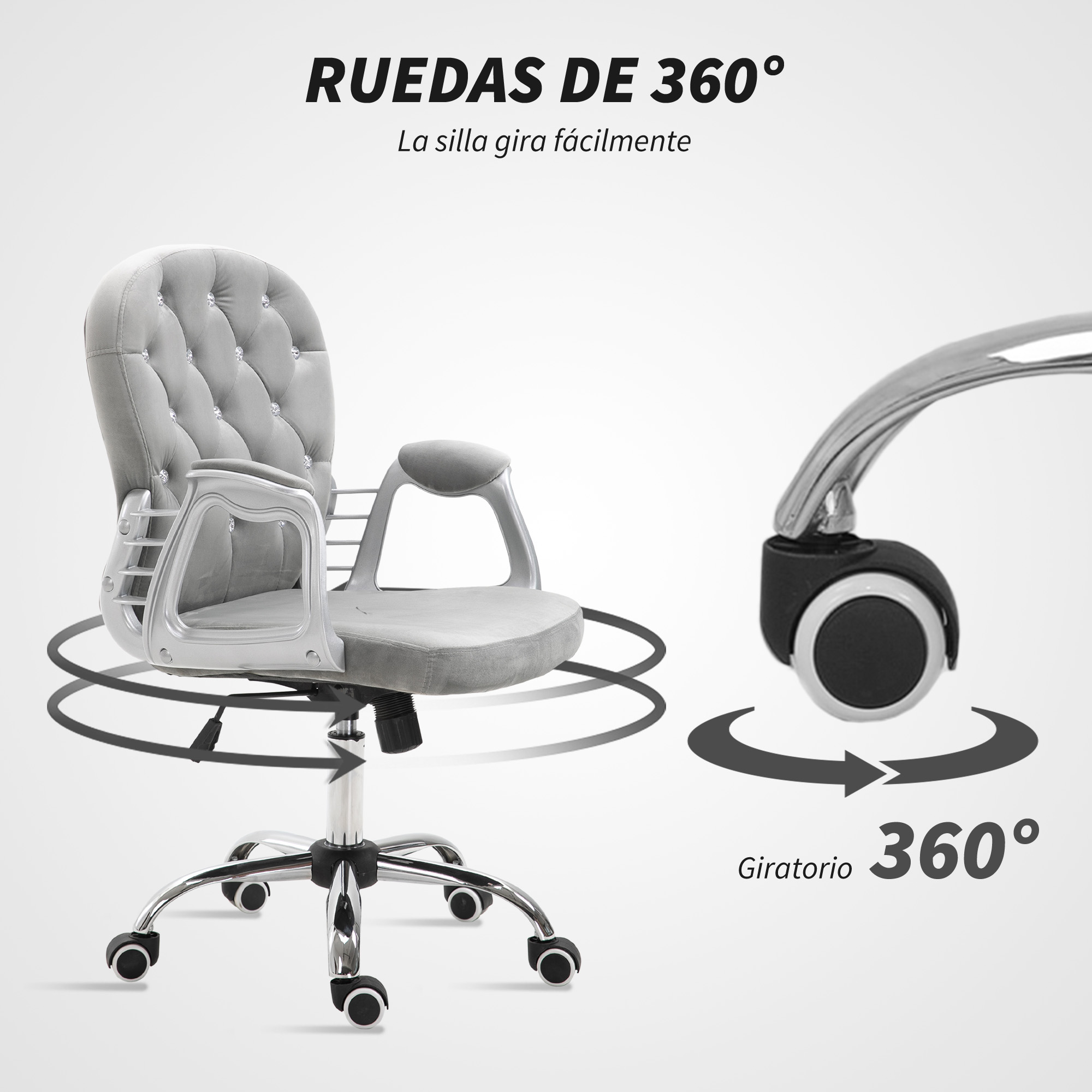 Silla de oficina gris con ruedas de 360 grados y reposabrazos plateados.