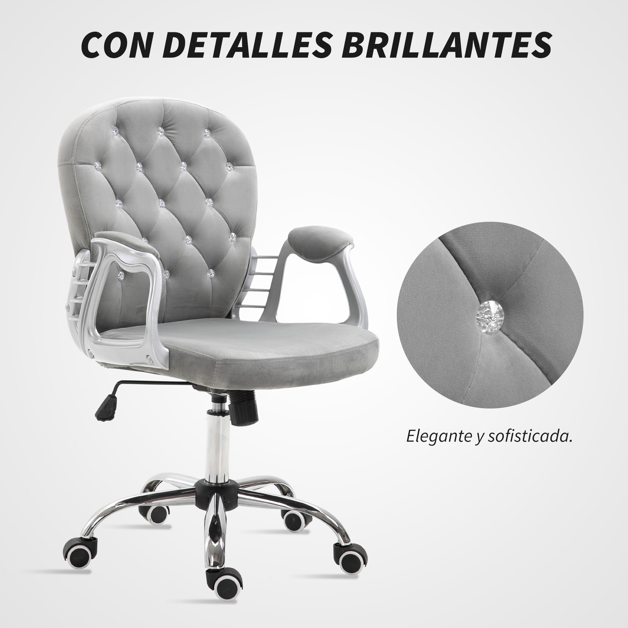 Silla de oficina gris con detalles brillantes y base cromada.