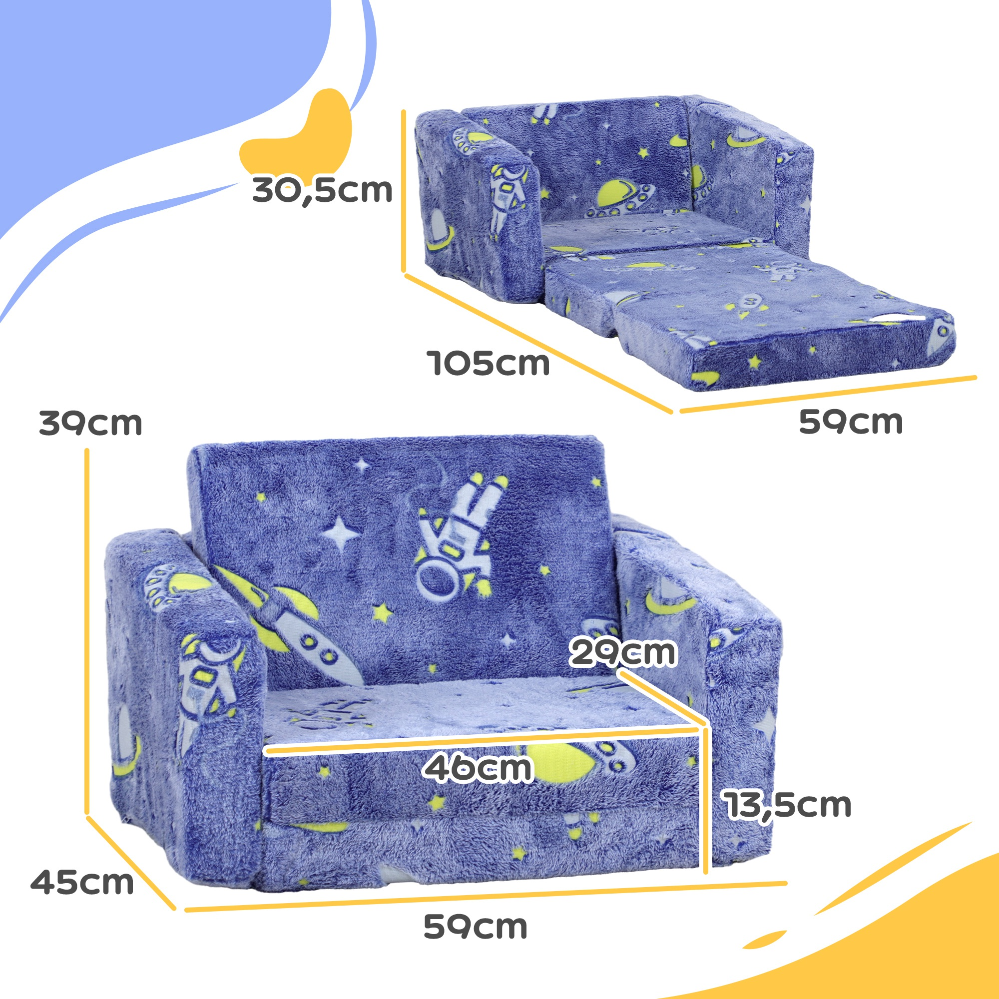 Una silla plegable azul con estampado espacial, desplegada.