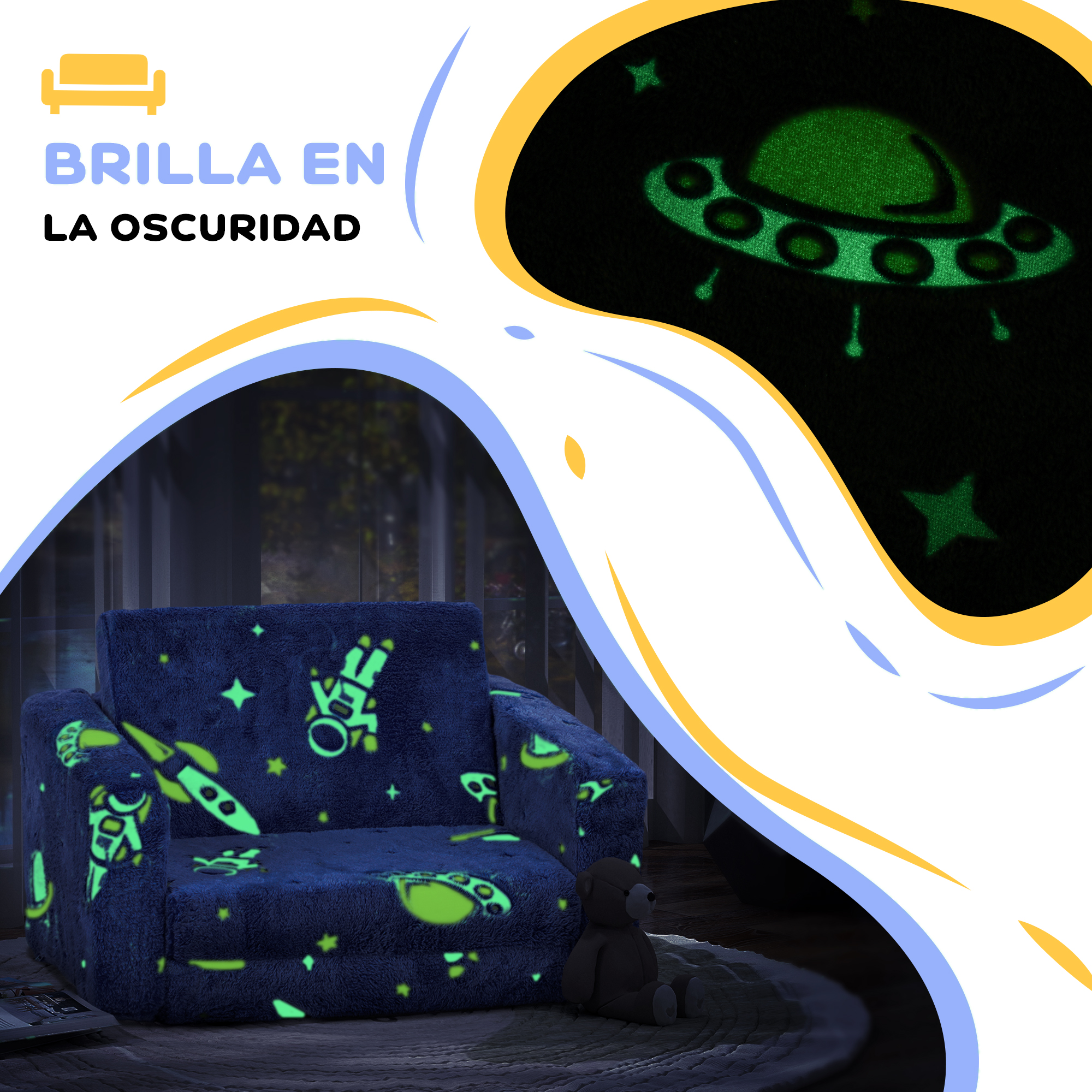 Un sillón infantil azul oscuro con motivos espaciales que brillan en la oscuridad.