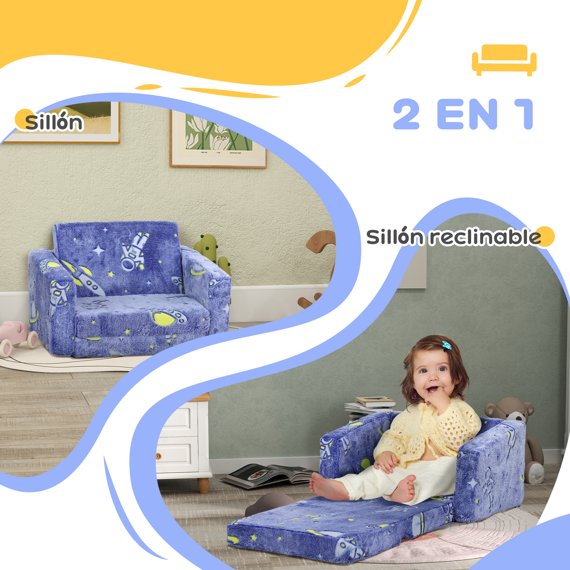 Sillón azul infantil con estampado espacial, desplegable. Un niño está sentado.