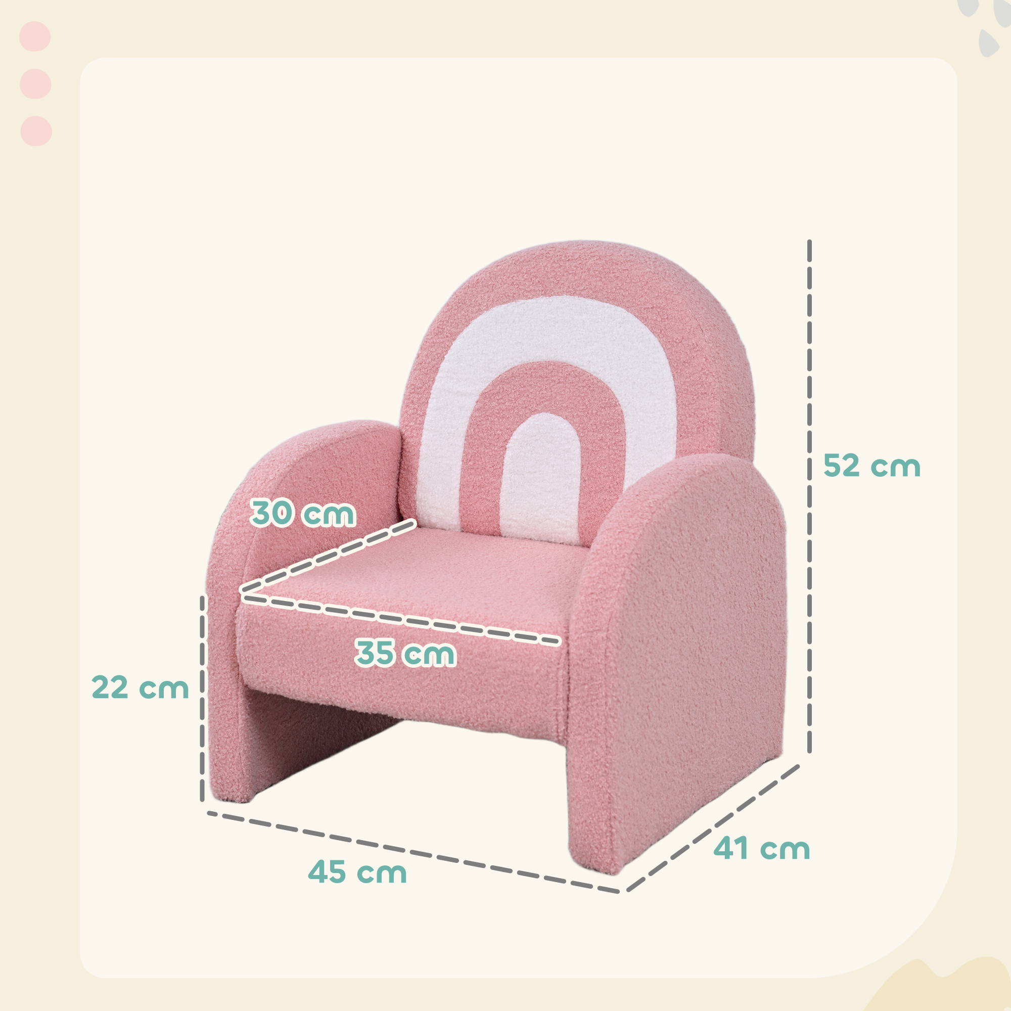 Un sillón infantil rosa con respaldo de arcoíris y etiquetas de dimensiones.