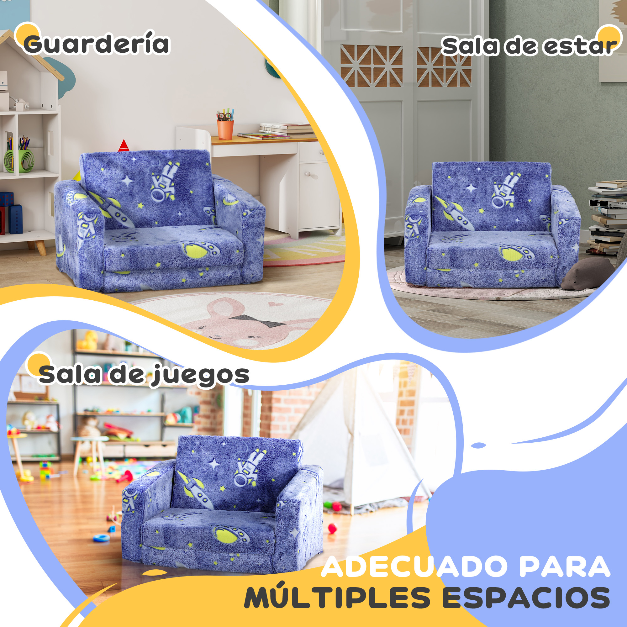 Un sillón infantil azul con temática espacial, mostrado en distintas habitaciones.
