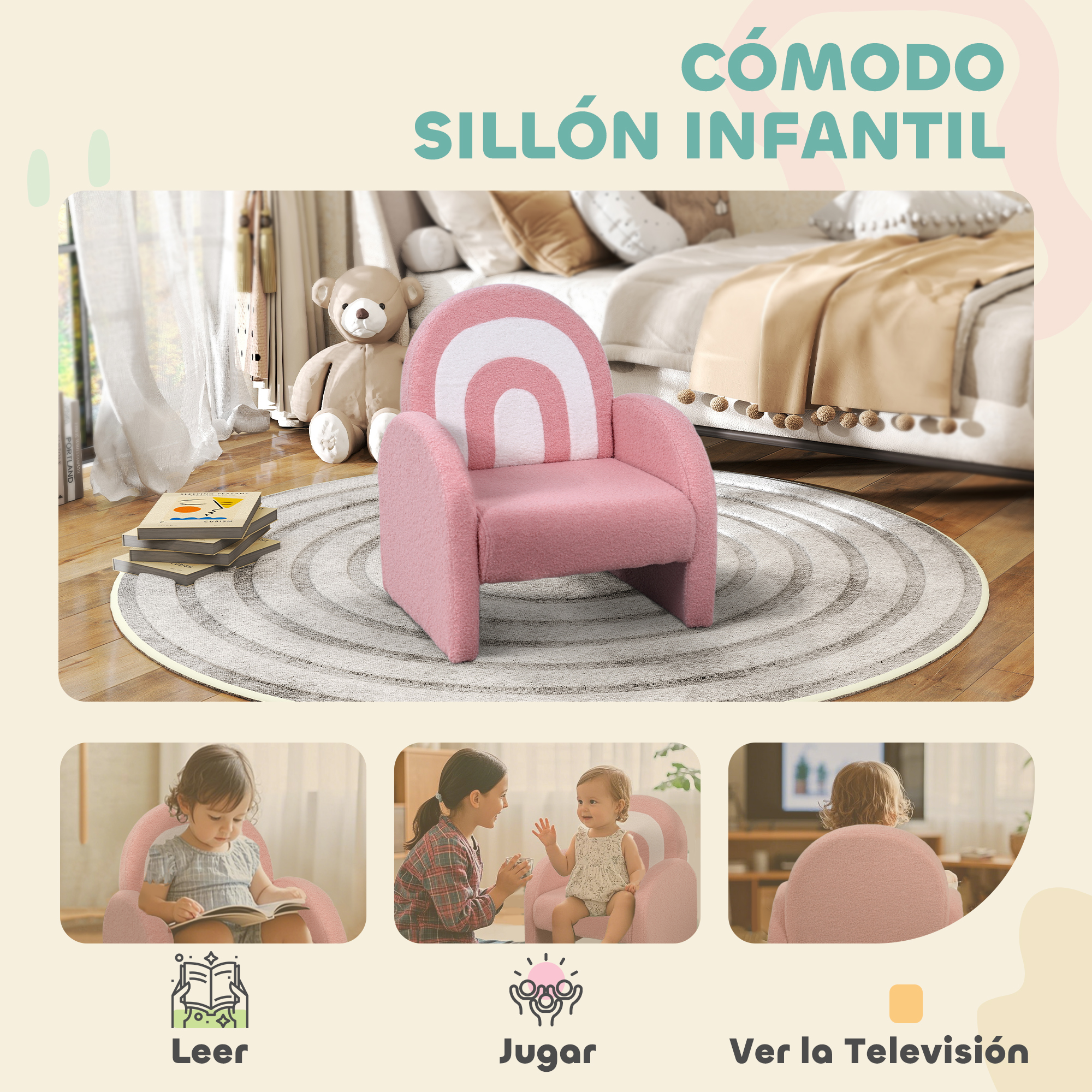 Un sillón infantil rosa con respaldo de arcoíris y osito. Niños leyendo, jugando y viendo TV.