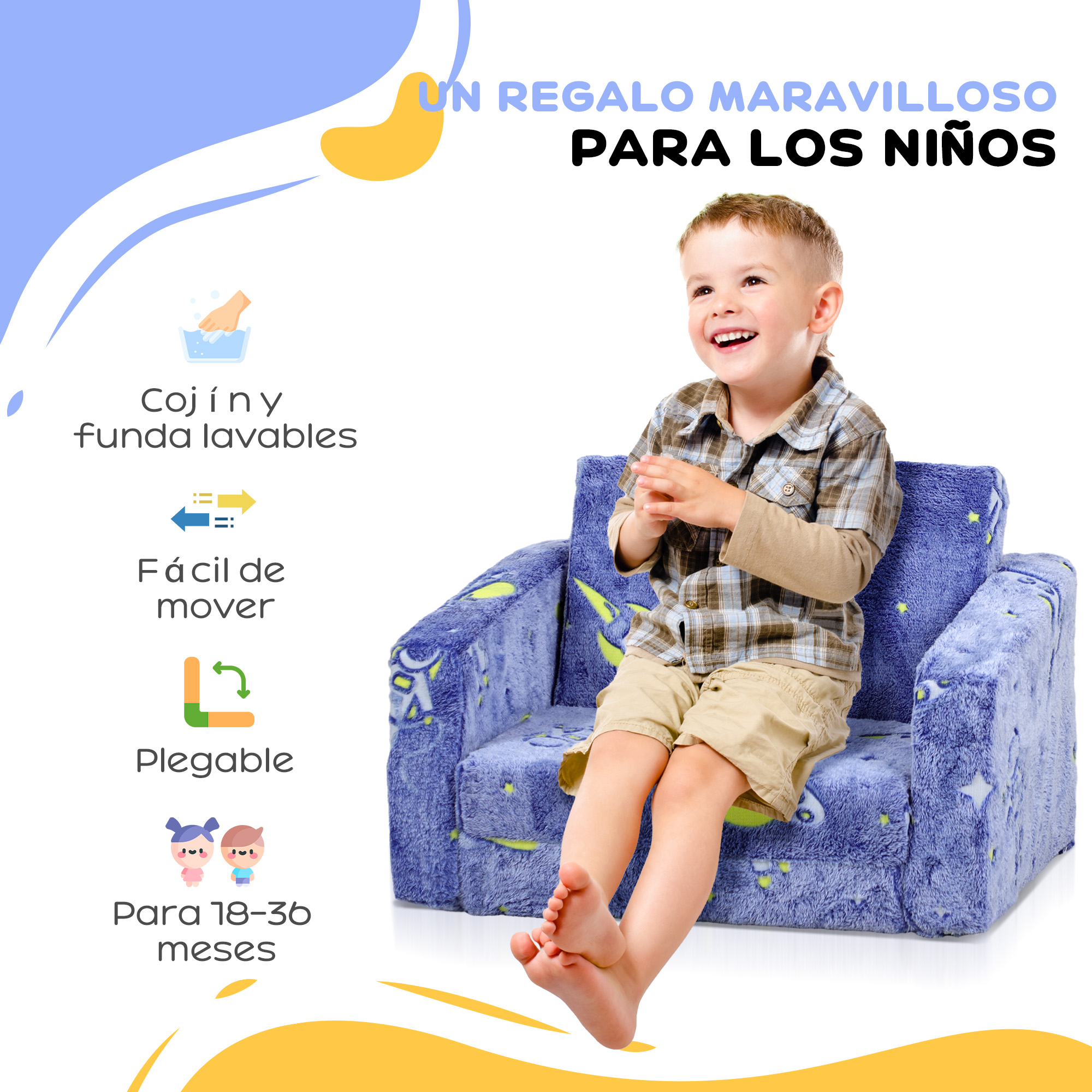 Un niño sentado en un sofá azul infantil con estrellas. Texto arriba.