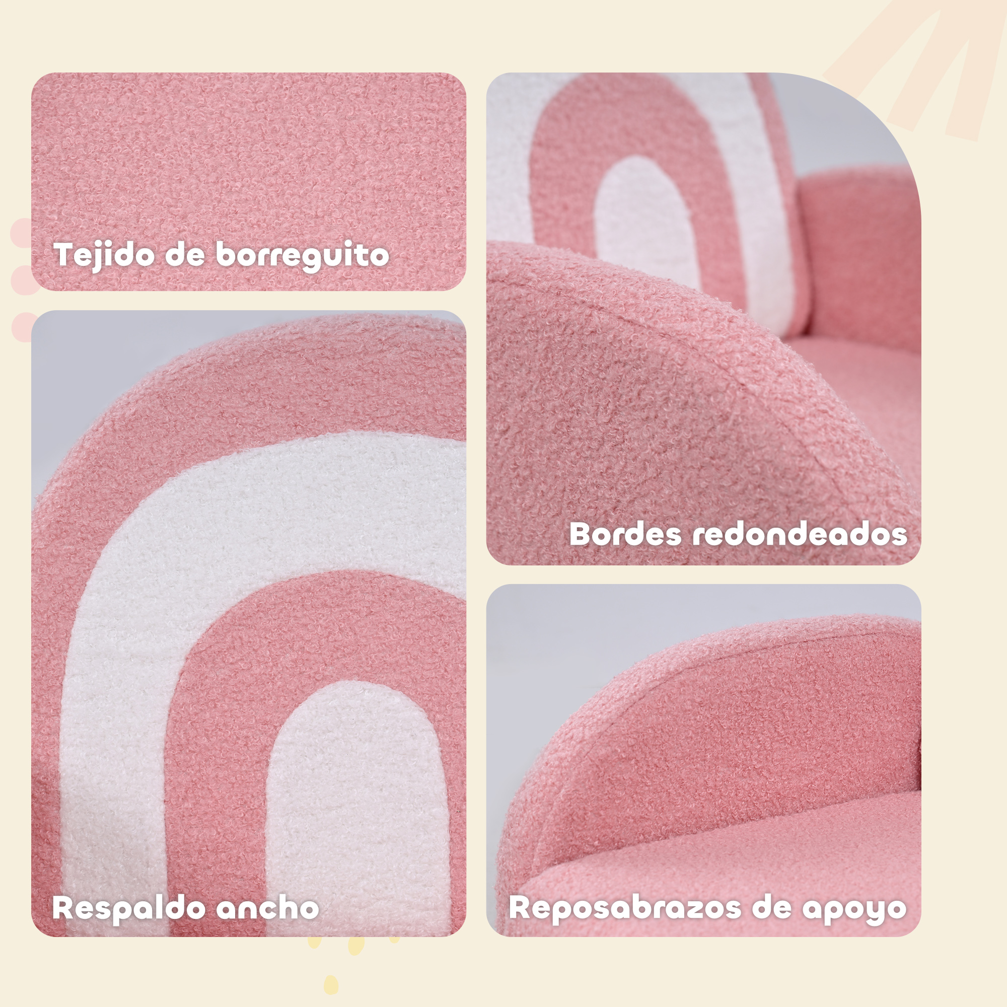 Tejido bouclé rosa con arcos blancos y rosas, respaldo ancho, reposabrazos.