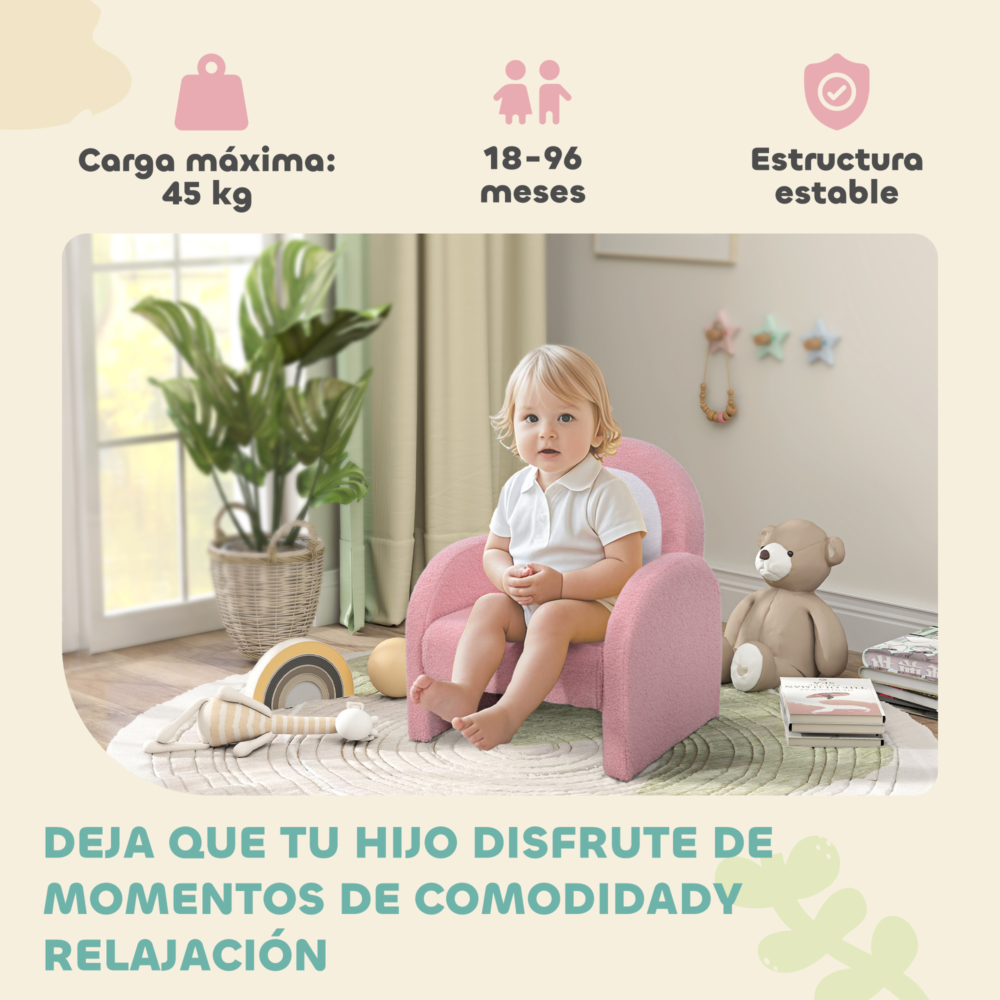 Un niño pequeño se sienta en un sillón rosa junto a un oso de peluche y una planta.