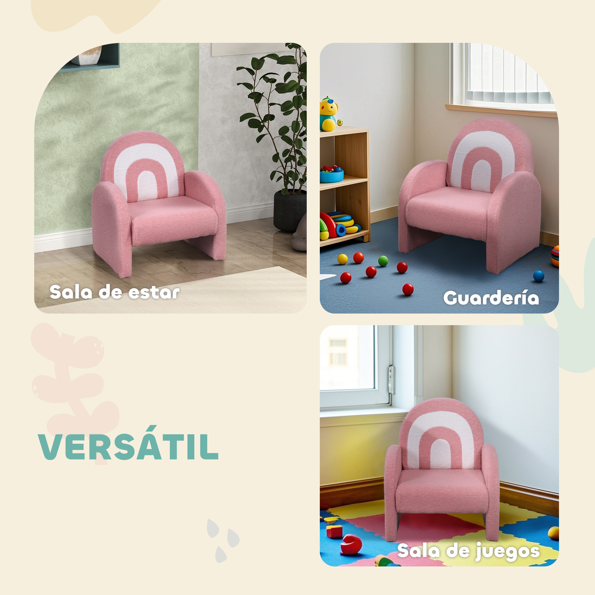 Un sillón infantil rosa con diseño de arcoíris.