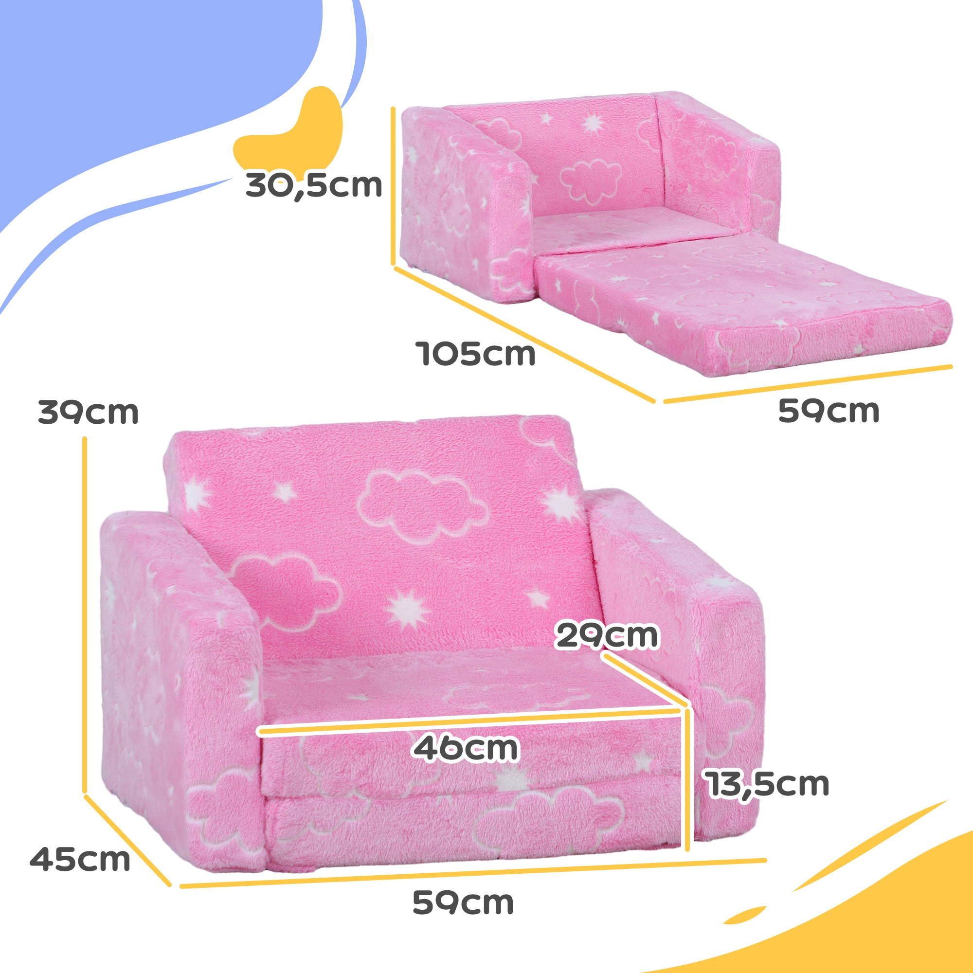 Un sofá infantil rosa con estampado de nubes, plegable.