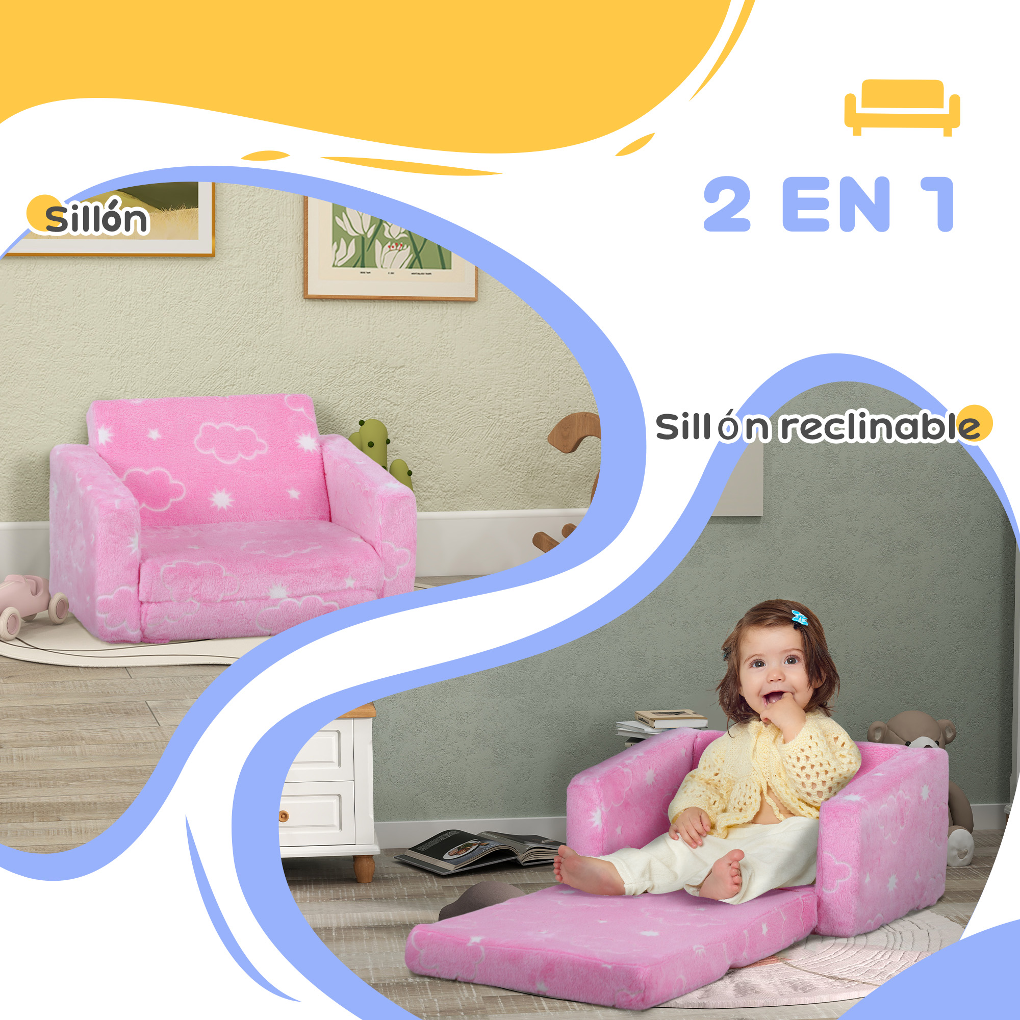 Un sillón rosa con estampado de nubes, desplegado como cama para un bebé.