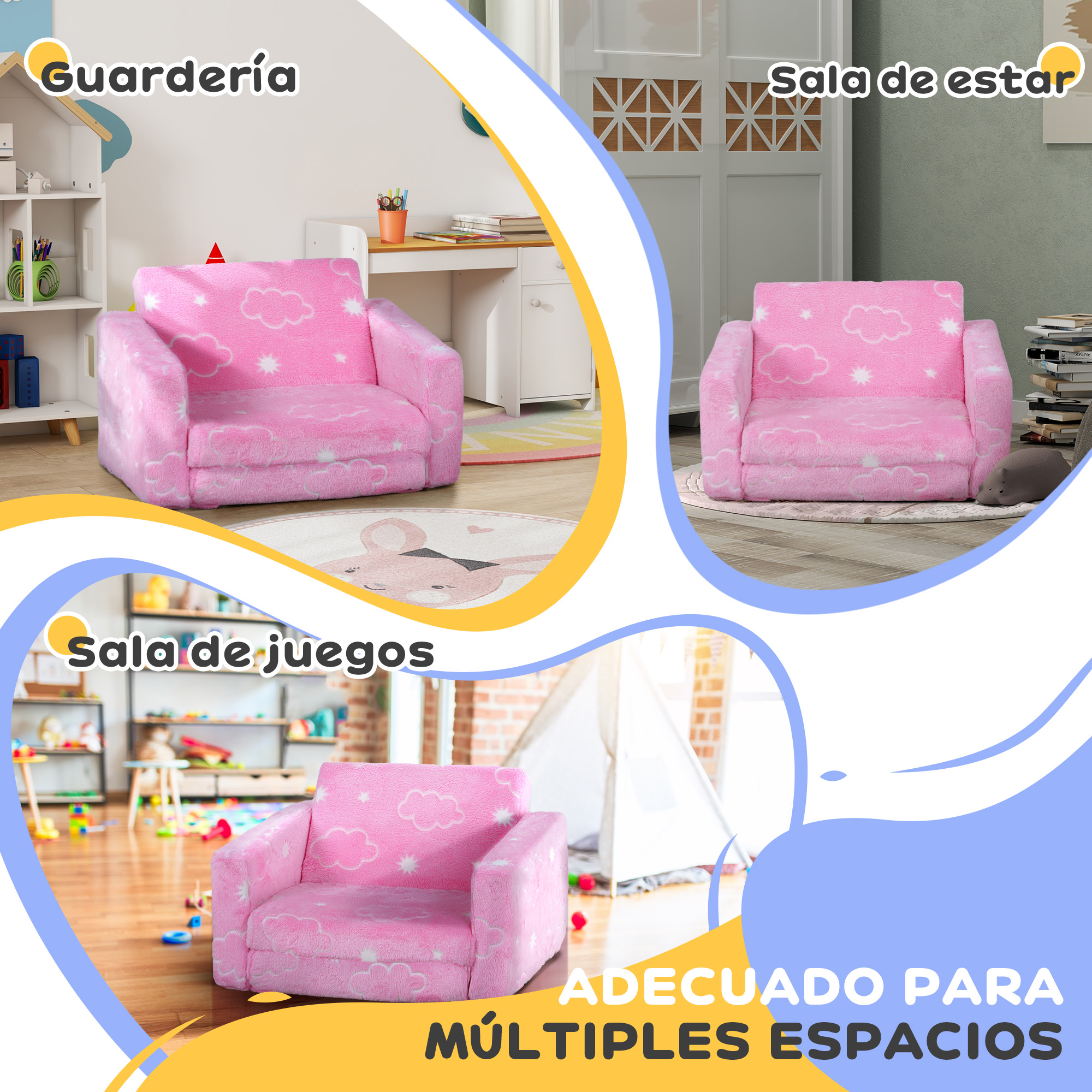 Un sillón infantil rosa con estampado de nubes se muestra en varias habitaciones.