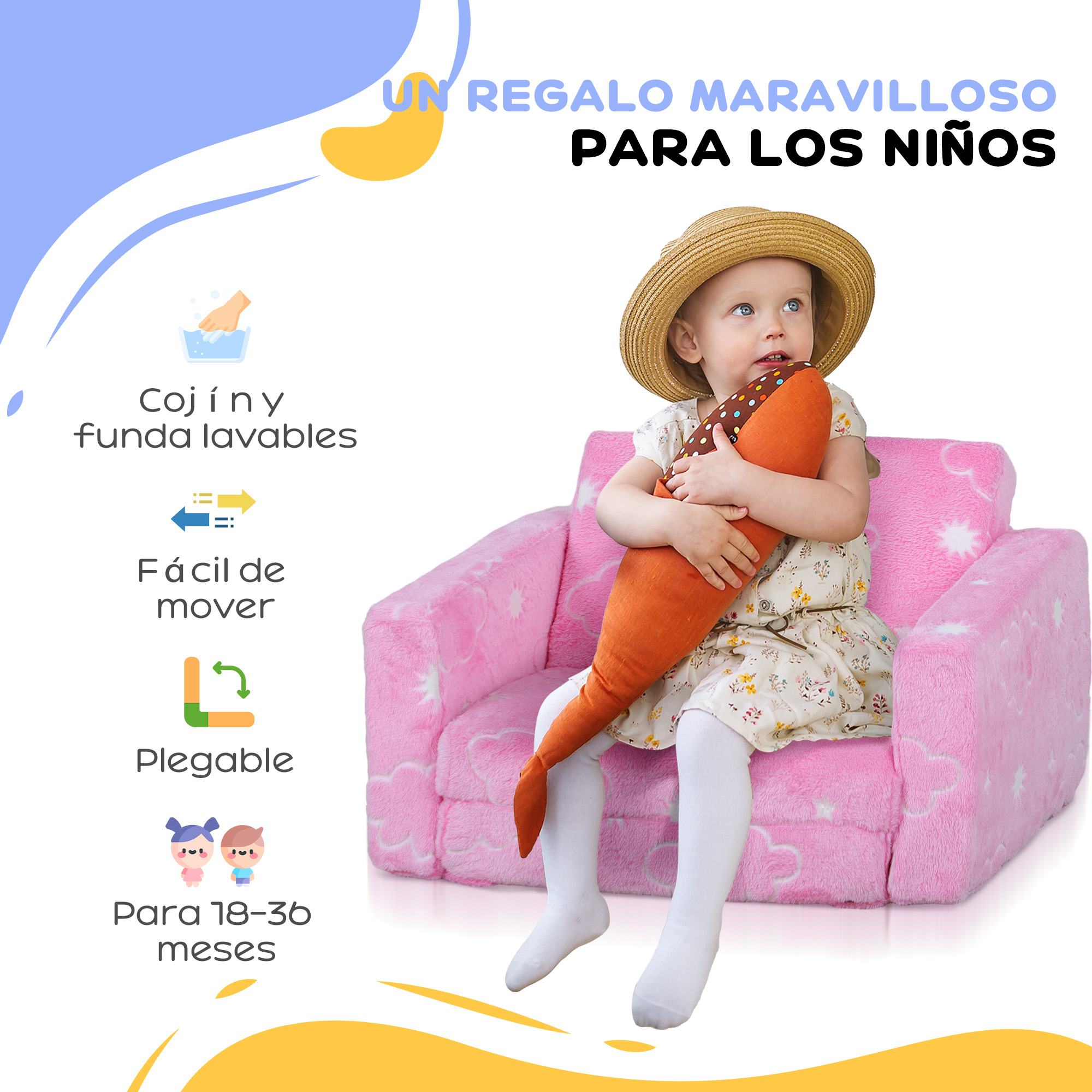 Una niña se sienta en un sillón rosa con un peluche de zanahoria.