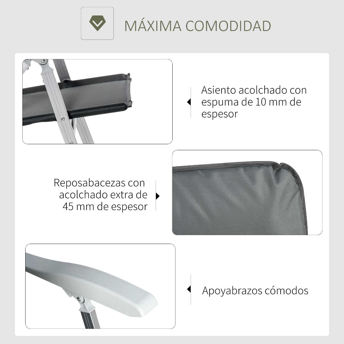 Silla gris con acolchado, reposabrazos y reposacabezas.