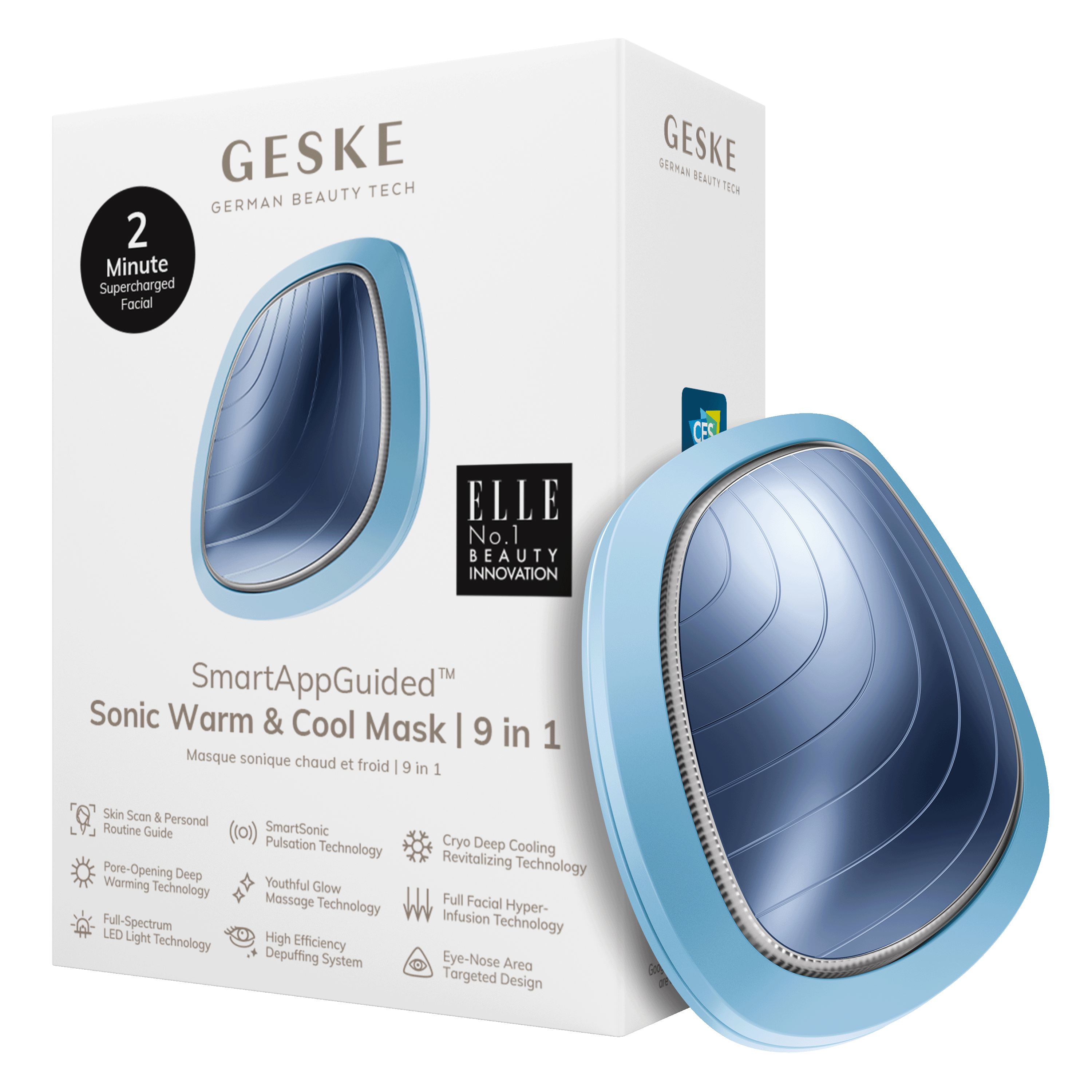 Geske Sonic Sıcak & Soğuk Maske, ambalaj üzerinde 9 özellikli.
