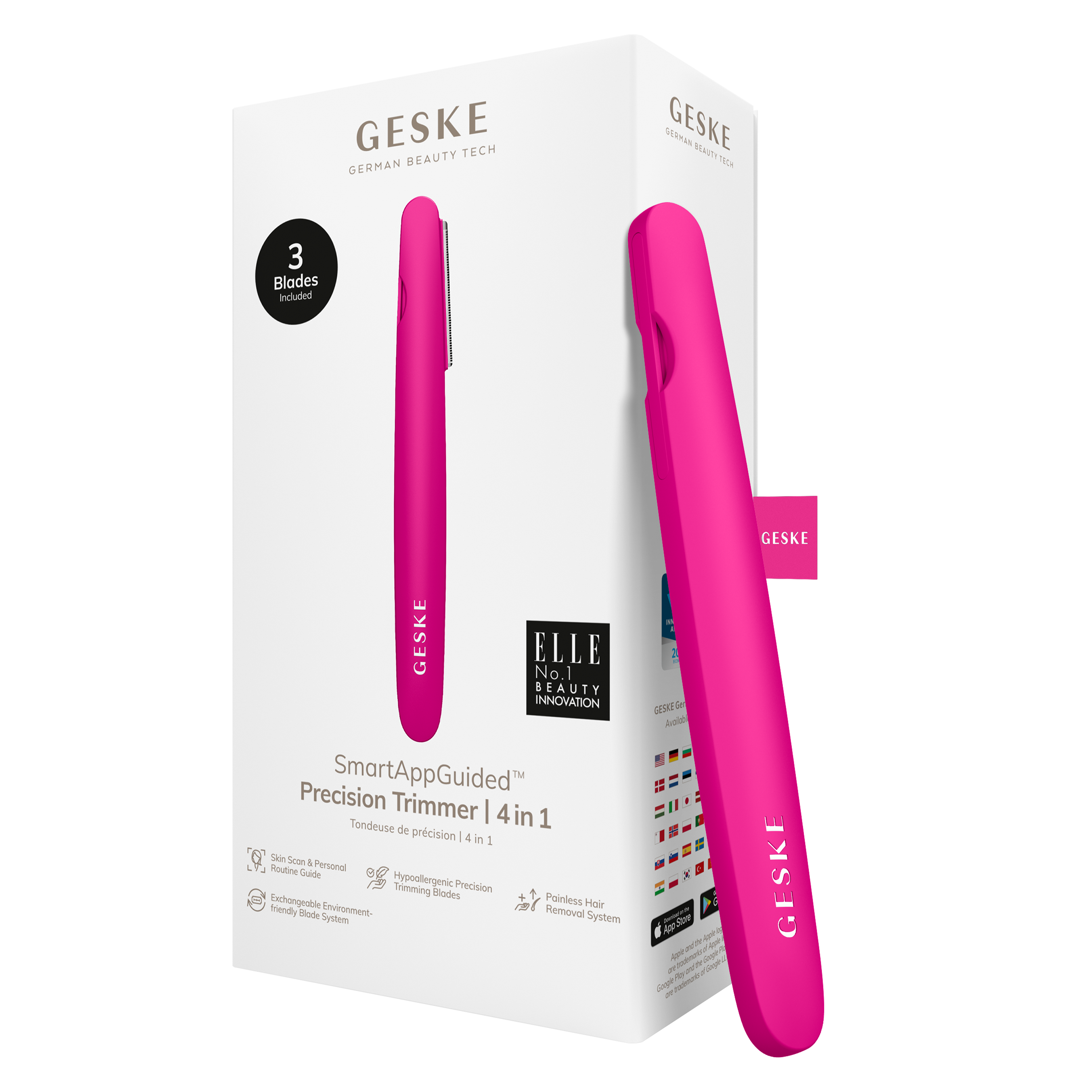 İçinde "3 Bıçak Dahil" yazısı ve "ELLE No.1 Güzellik İnovasyonu" logosu bulunan pembe hassas tüy giderici ambalajı.