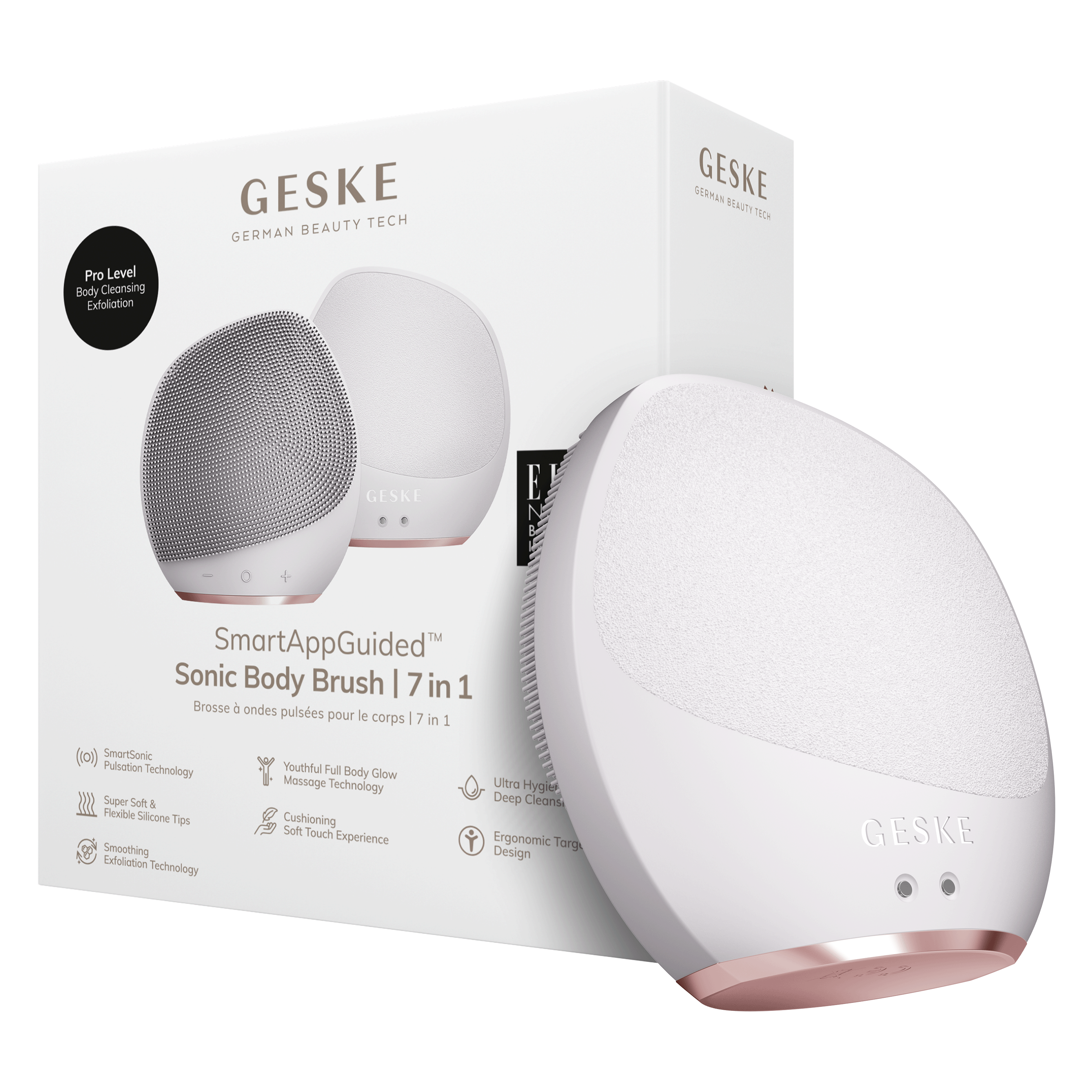 Rose gold ksill ve ambalajl beyaz vcut temizleme fr¨as seti.