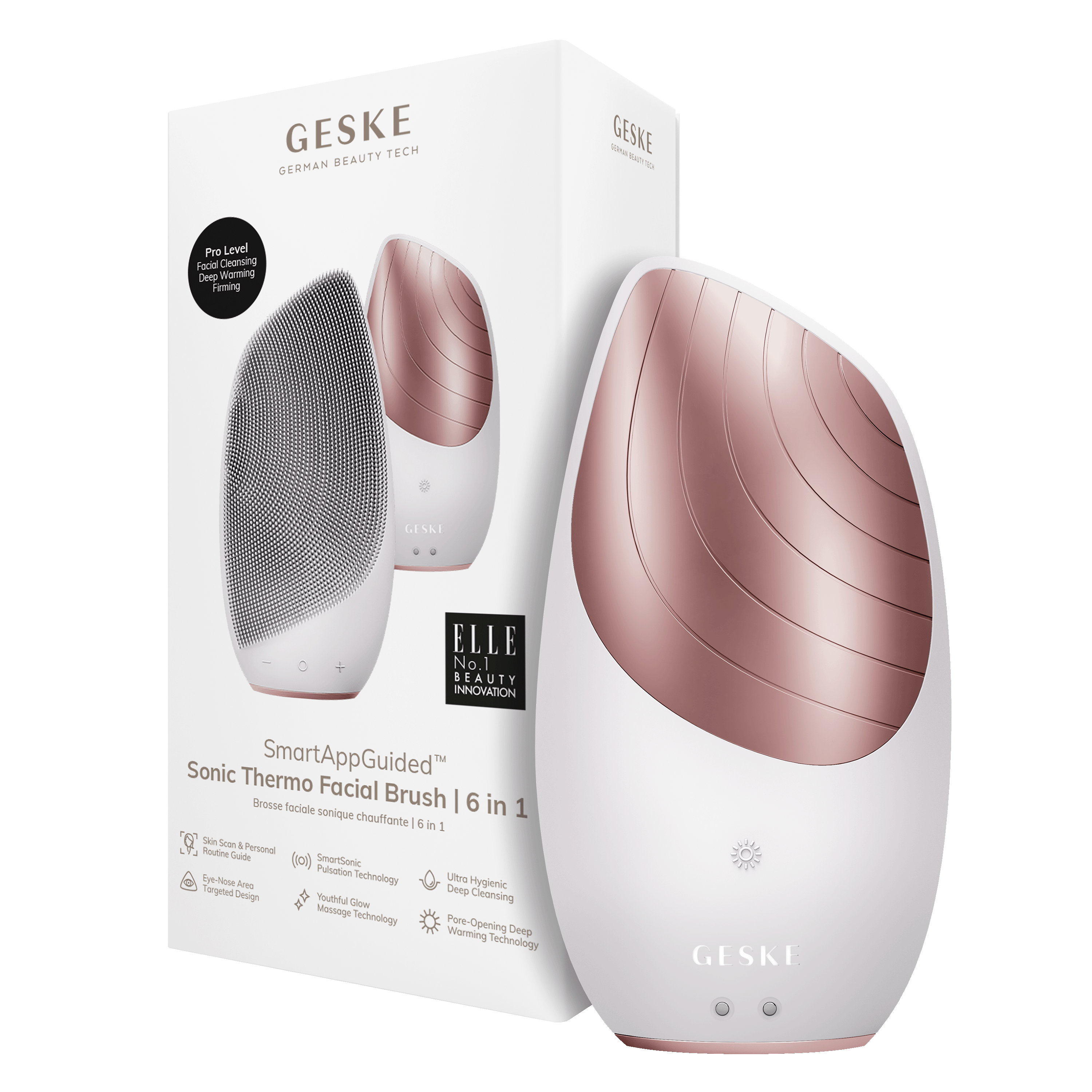 Fırça başlıklı ve ambalajlı beyaz ve rose gold yüz temizleme cihazı.