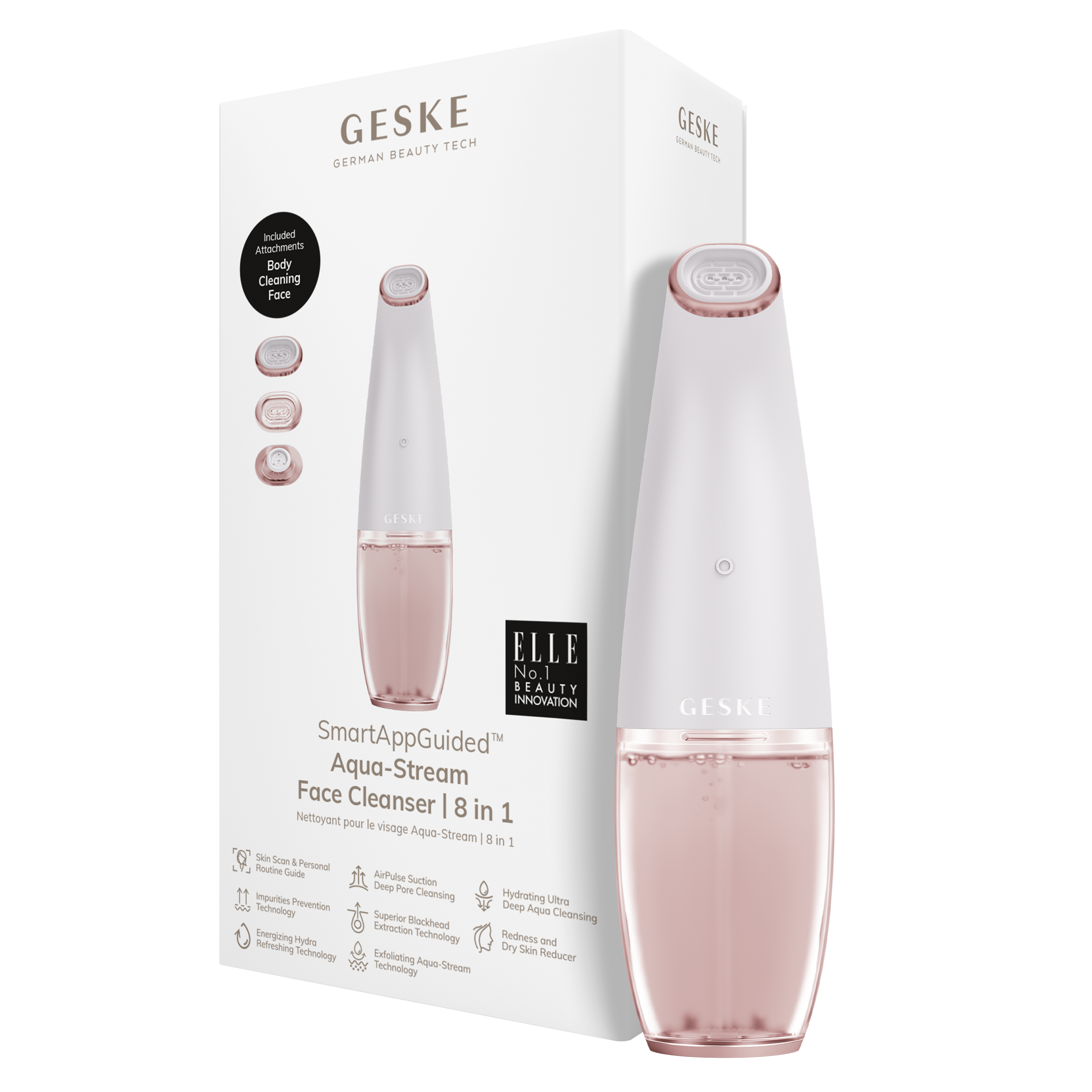 Dijital ekranlı, rose gold yüz temizleme cihazı sergilenen beyaz bir kutu.