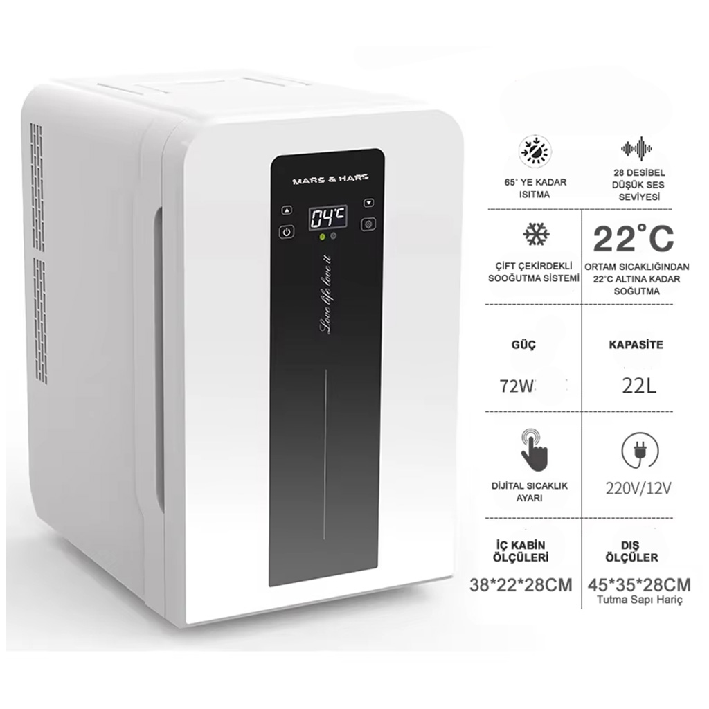 Dijital ekranlı ve yazılı beyaz soğutucu. 72W, 22L, 22°C soğutma.