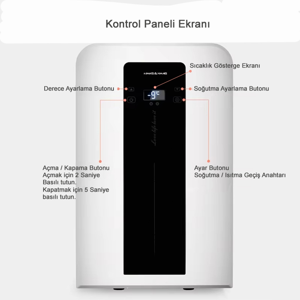 Sıcaklık, güç düğmeleri ve ayar düğmeleri bulunan kontrol paneli ekranı.