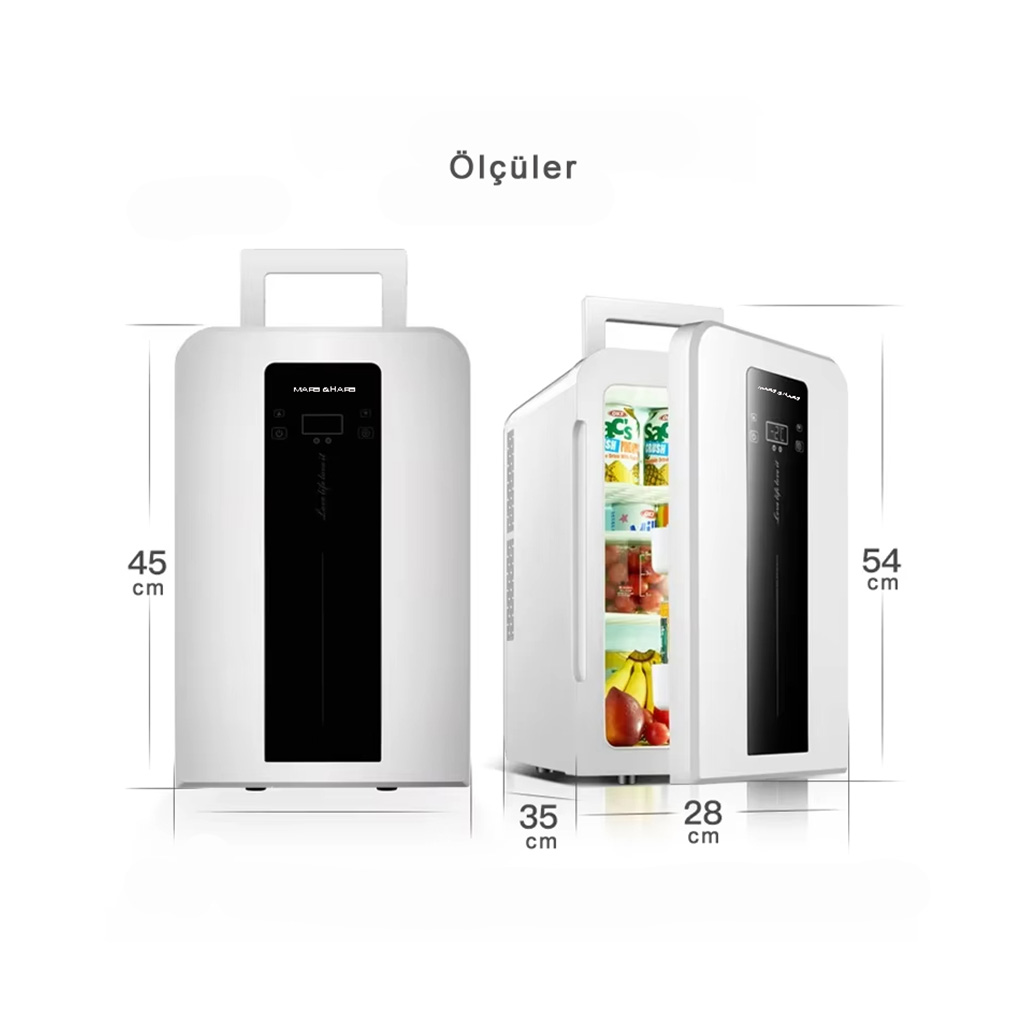 Beyaz mini buzdolabı kapalı ve açık halde, içeriğiyle gösteriliyor. Boyutlar belirtilmiş.