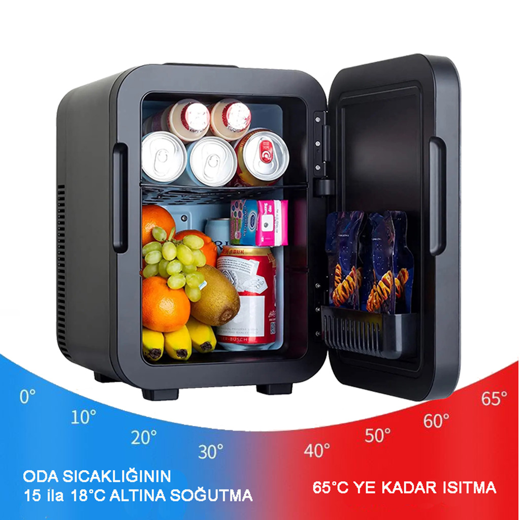 Meyve, kutu ve şişelerle dolu küçük siyah buzdolabı.