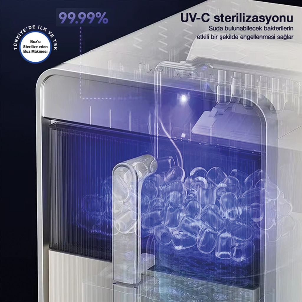 UV-C sterilizasyonlu buz makinesi, %99,99 etkili.