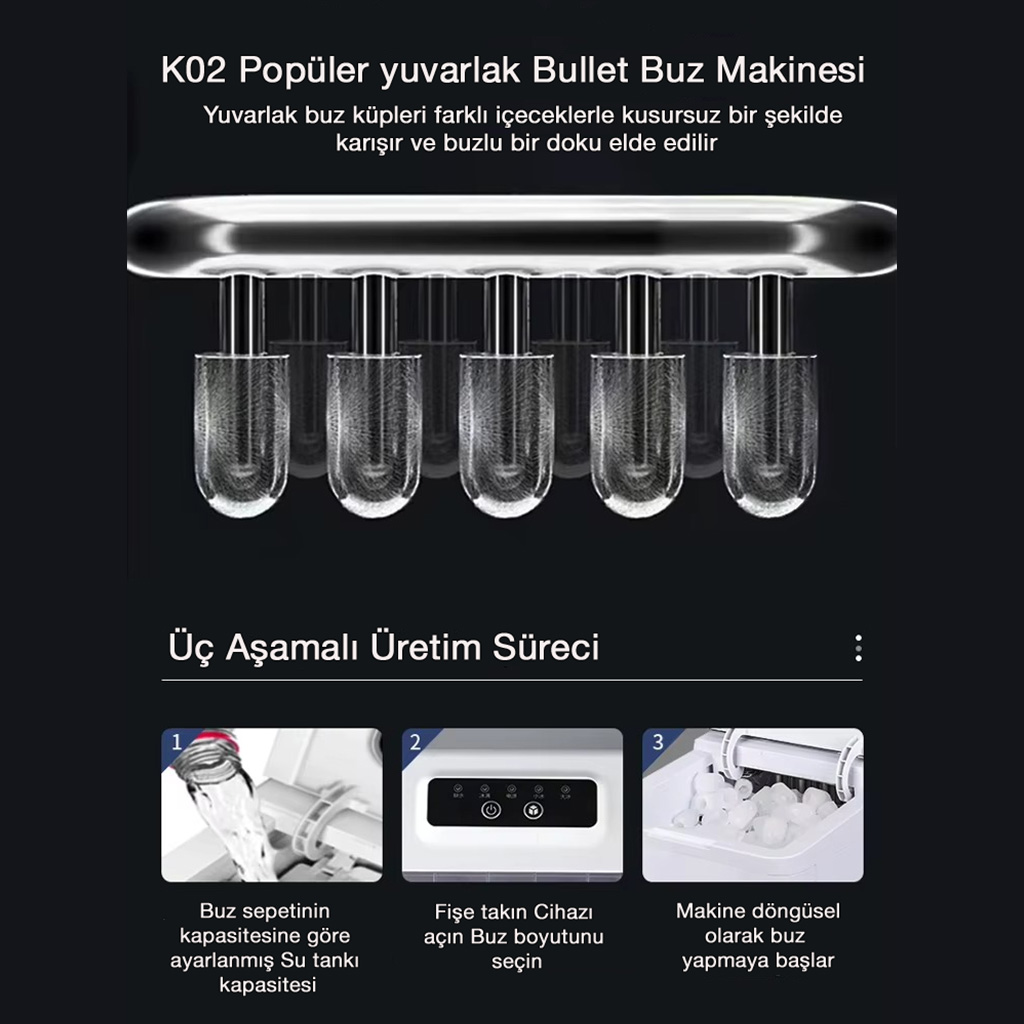 Yuvarlak buzlu buz makinesi. Üç adım: su doldur, boyut seç, üretim başlat.