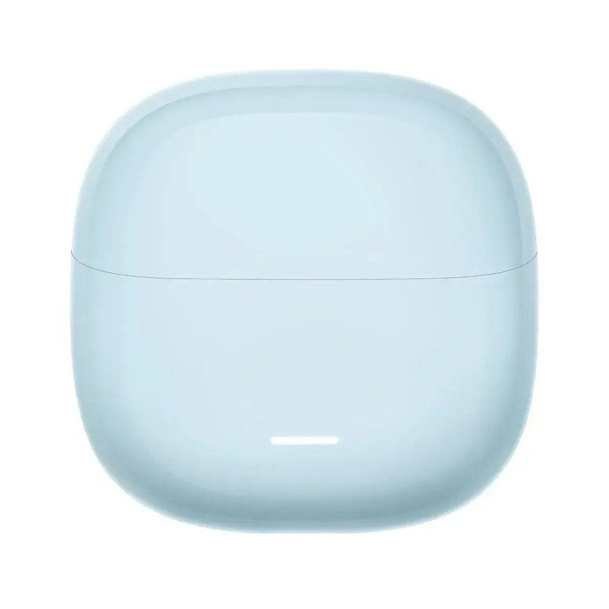 A light blue charging case for earbuds with a subtle light strip.