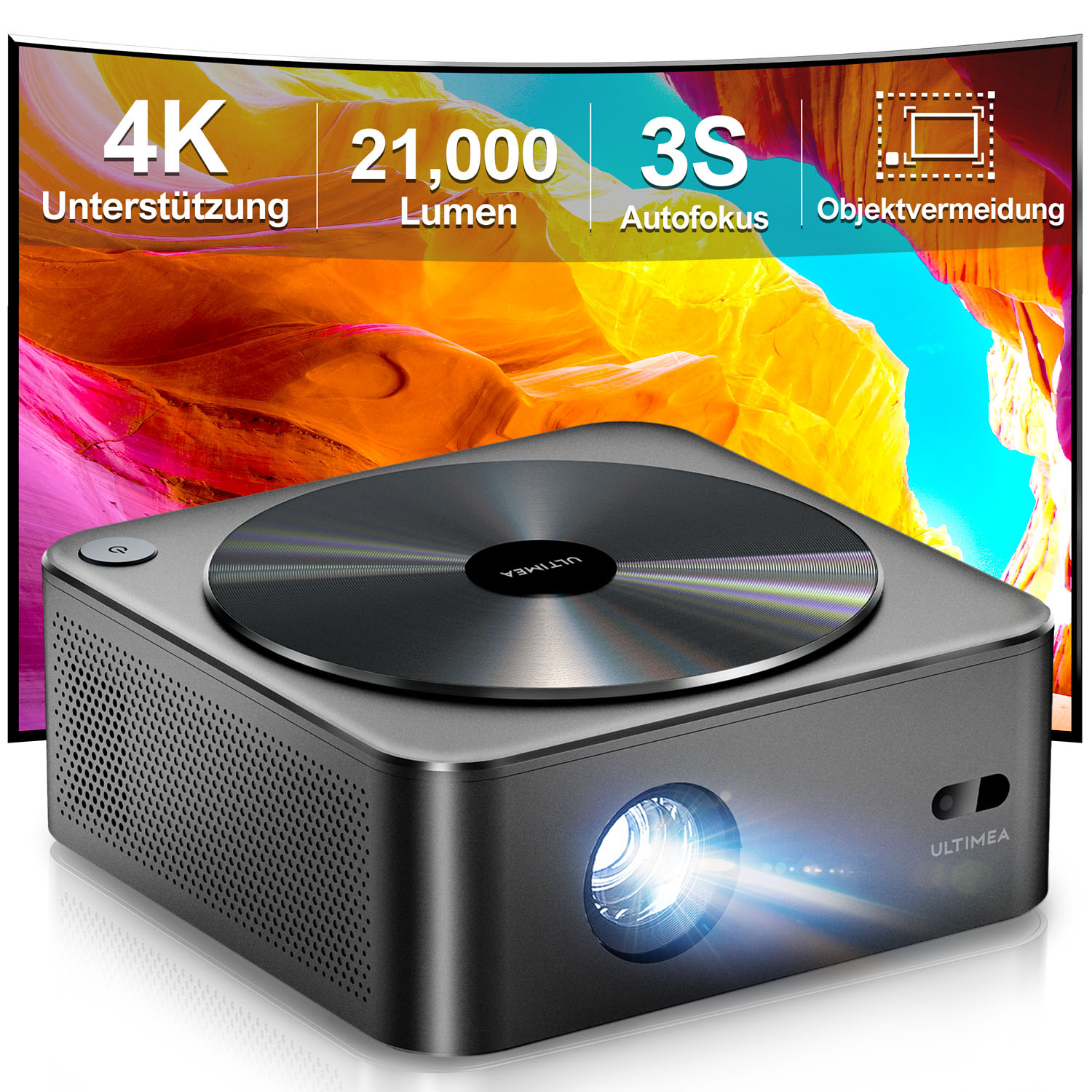 Grauer Ultima Projektor wirft Licht auf eine bunte Leinwand mit 4K-Unterstützung.