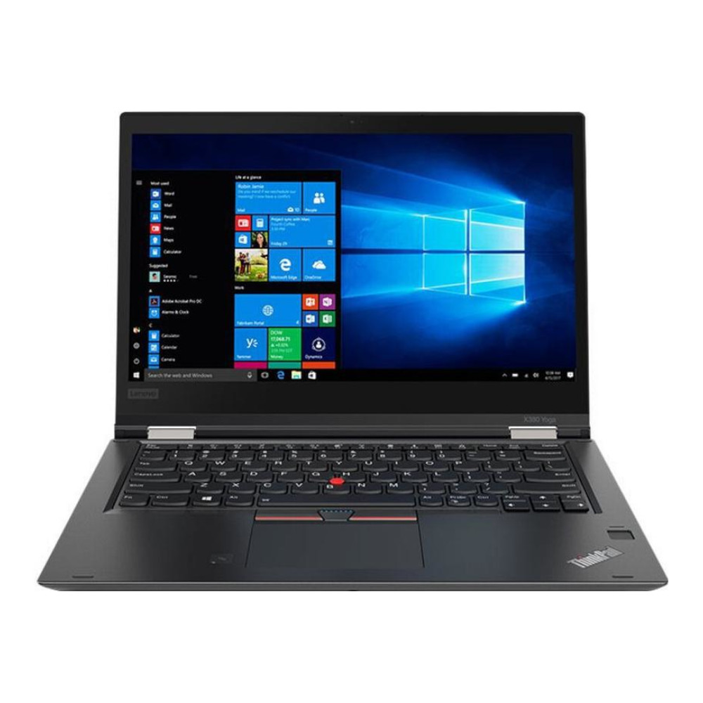 Een zwarte Lenovo ThinkPad laptop met open scherm, waarop de Windows 10-interface wordt weergegeven.