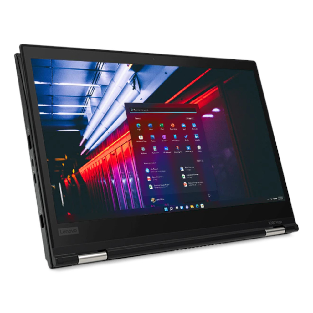 Een zwarte Lenovo Yoga laptop met open scherm, waarop een lijst met apps wordt weergegeven.