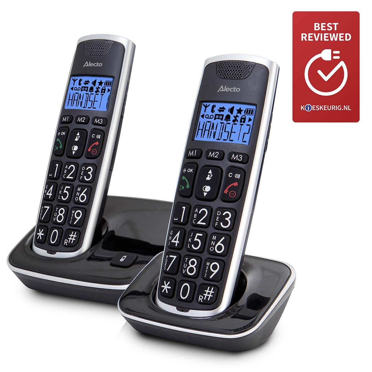 Deux téléphones sans fil Alecto dans leurs bases, l'un affiche "HANDSET 1".