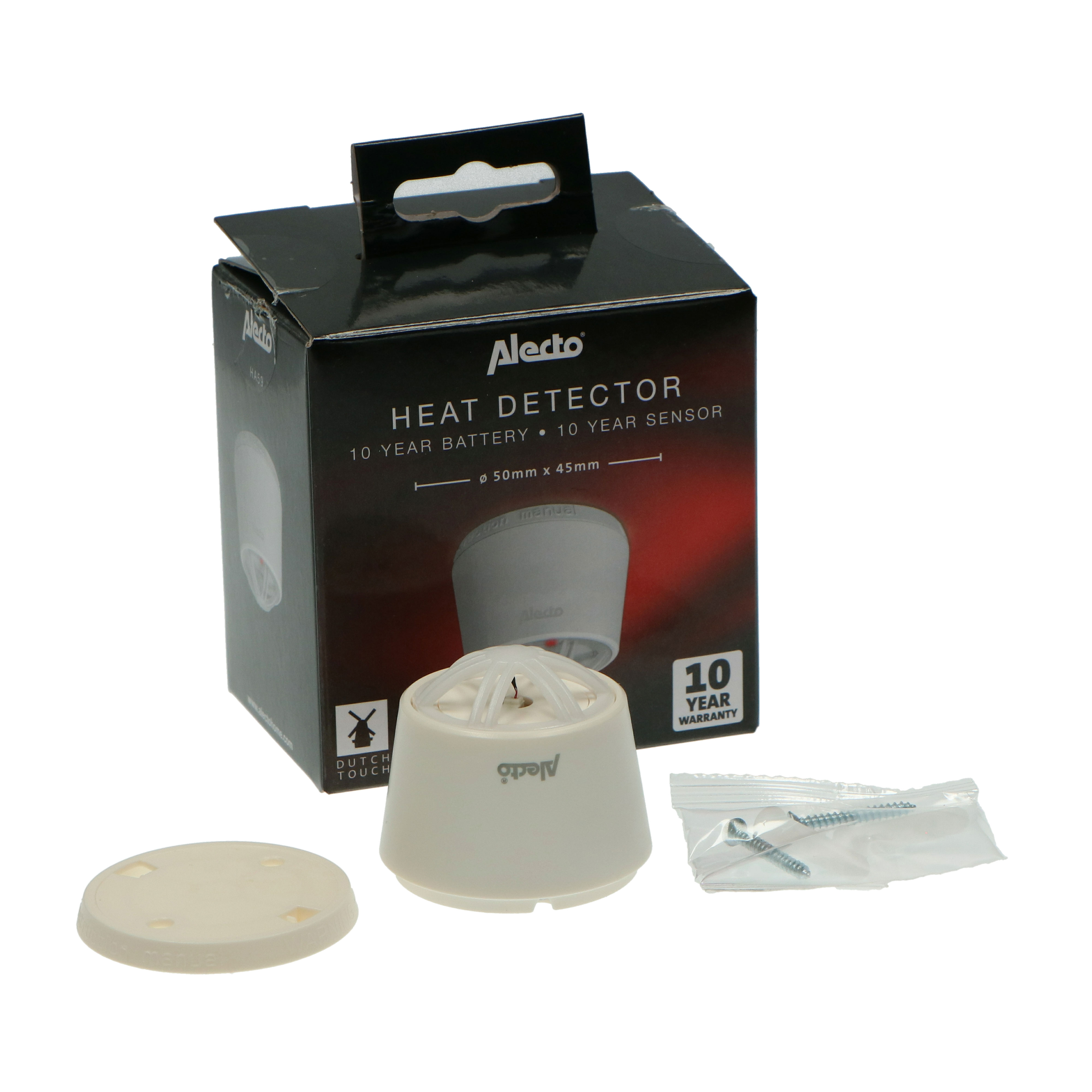 Czujnik ciepła Alecto z baterią 10-letni, akcesoria i opakowanie.