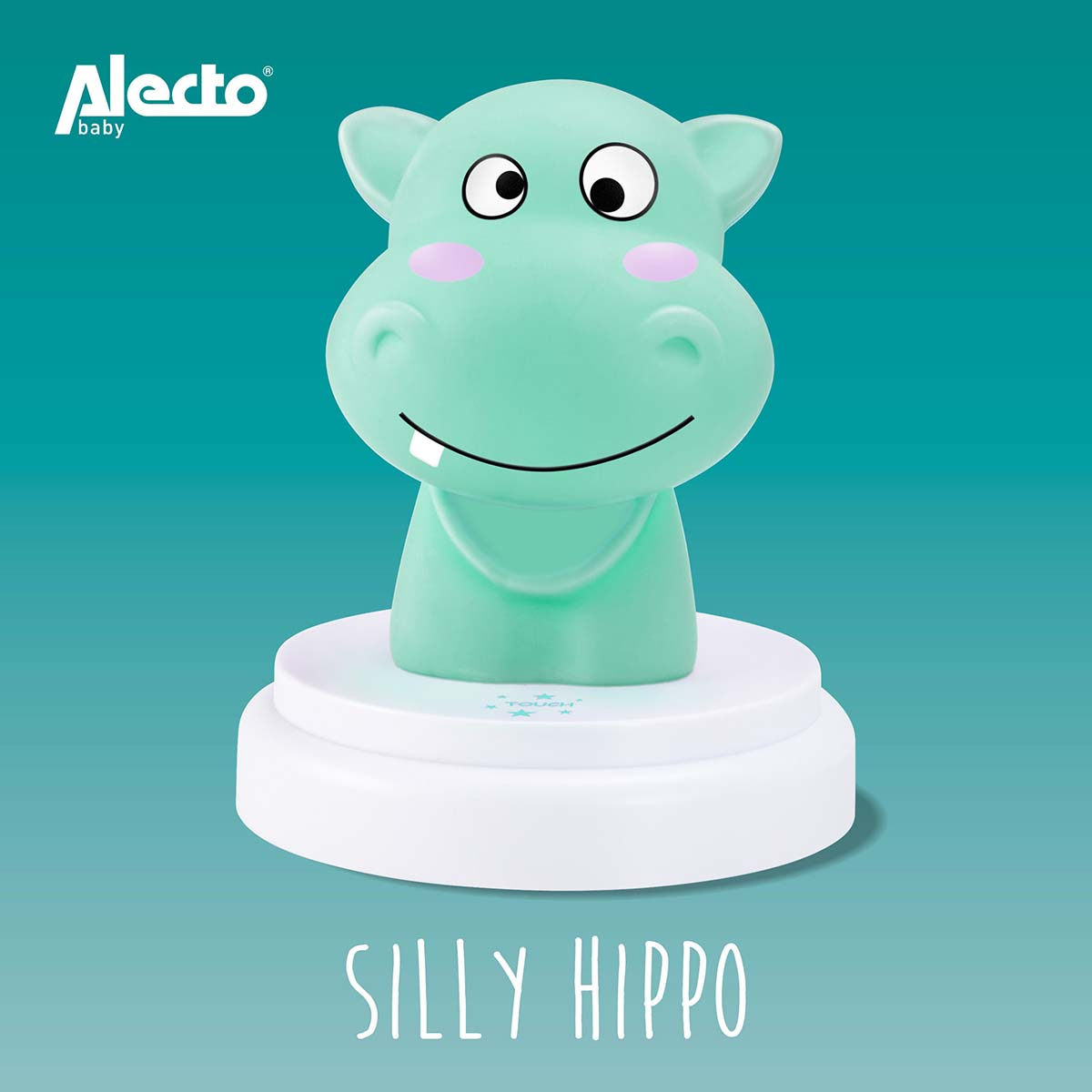 Ein hellgrüner Hippo-Nachtlicht auf einer weißen Basis.