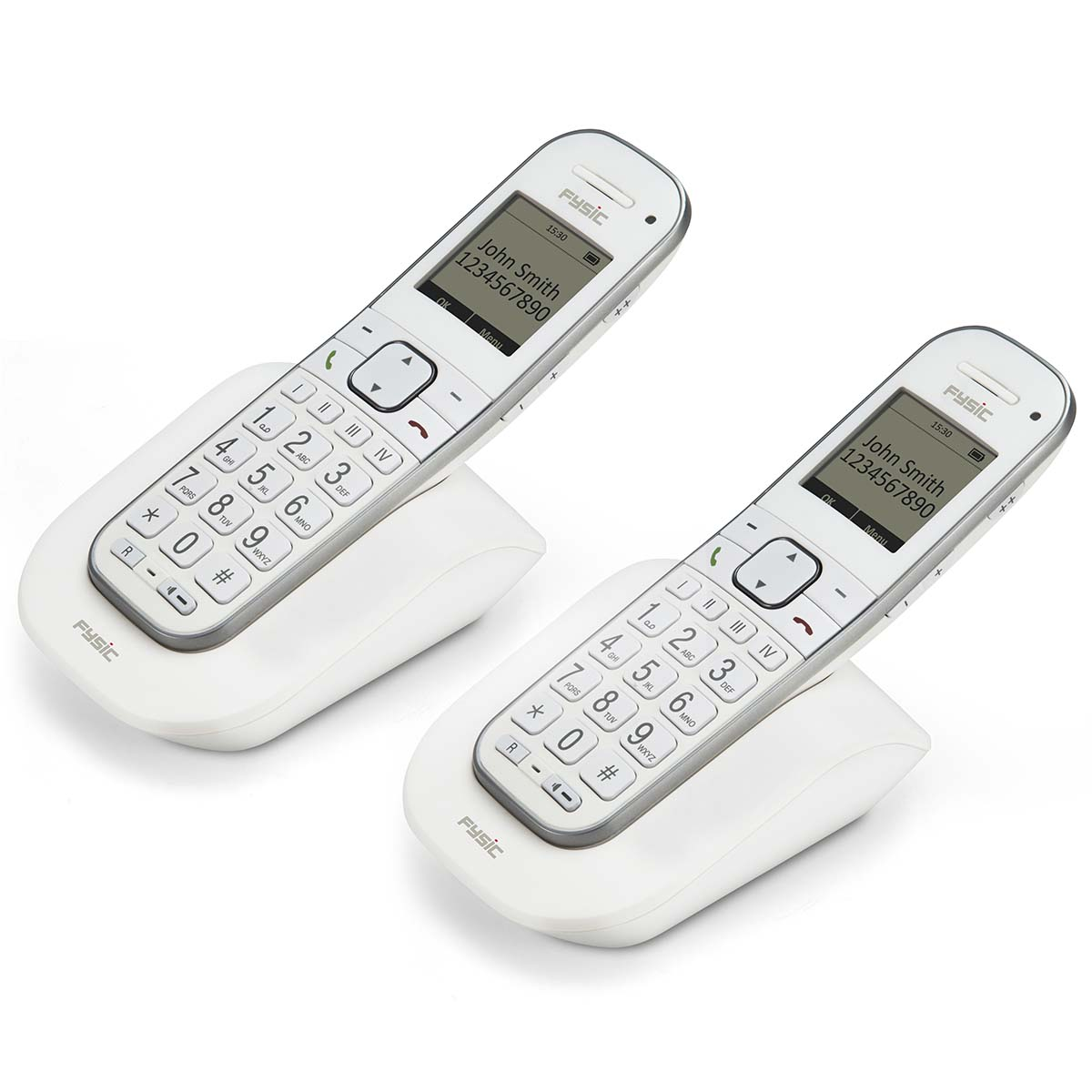 Zwei weiße schnurlose Telefone mit Tastenfeldern und Displays, die „John Smith“ anzeigen.