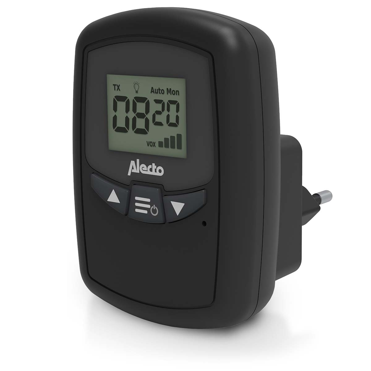 Black baby monitor with LCD screen displaying 08:20 and VOX.