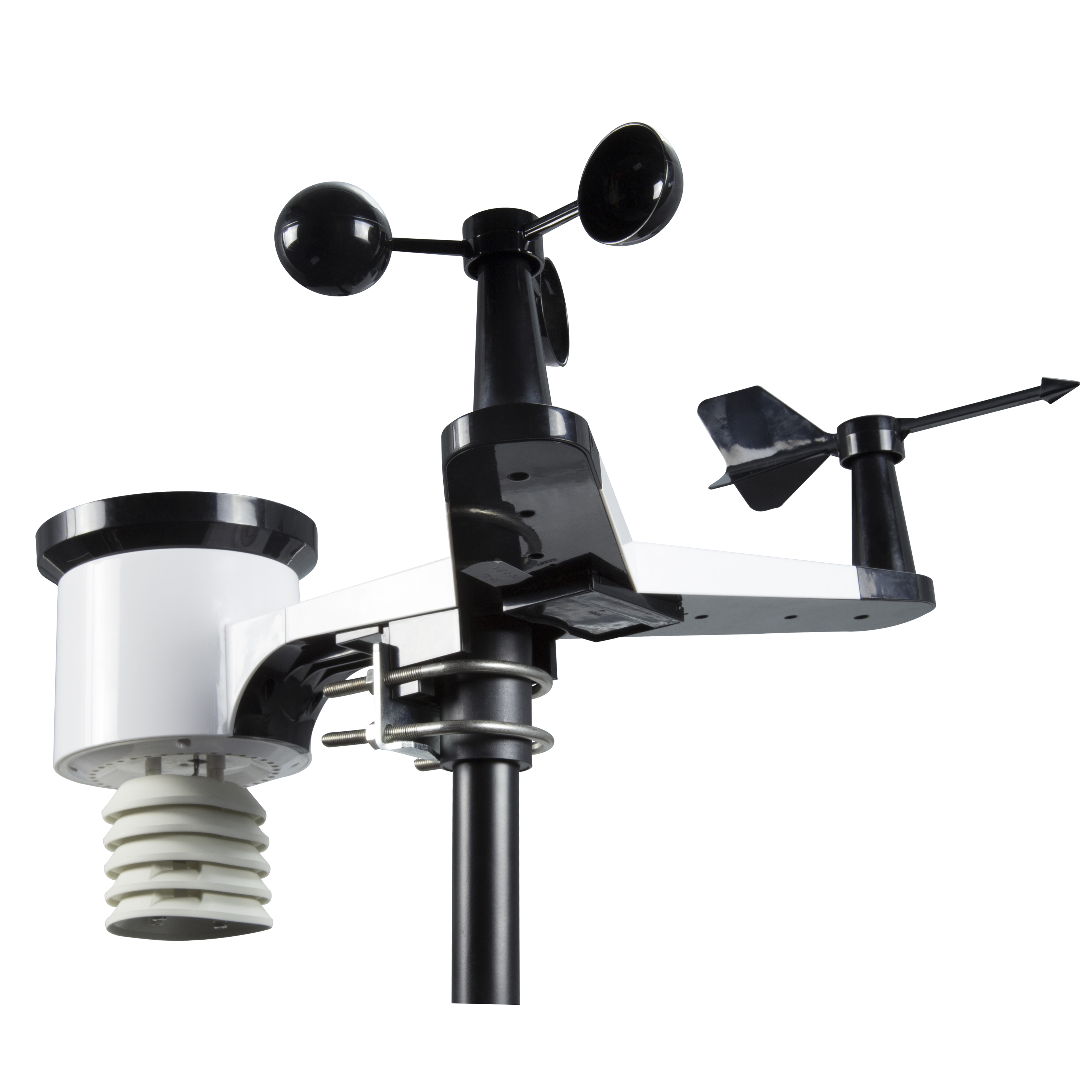 Weerstation sensor met anemometer en windvaan op witte achtergrond.