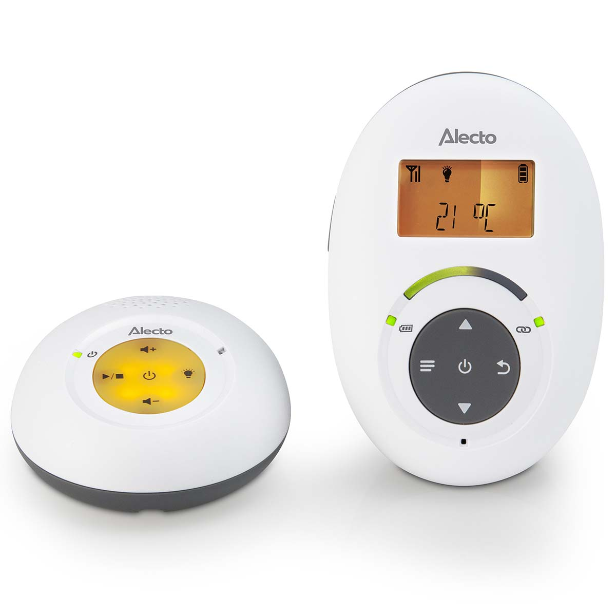 Ein weißes Babyphone mit Eltern- und Babyeinheit auf weißem Hintergrund.