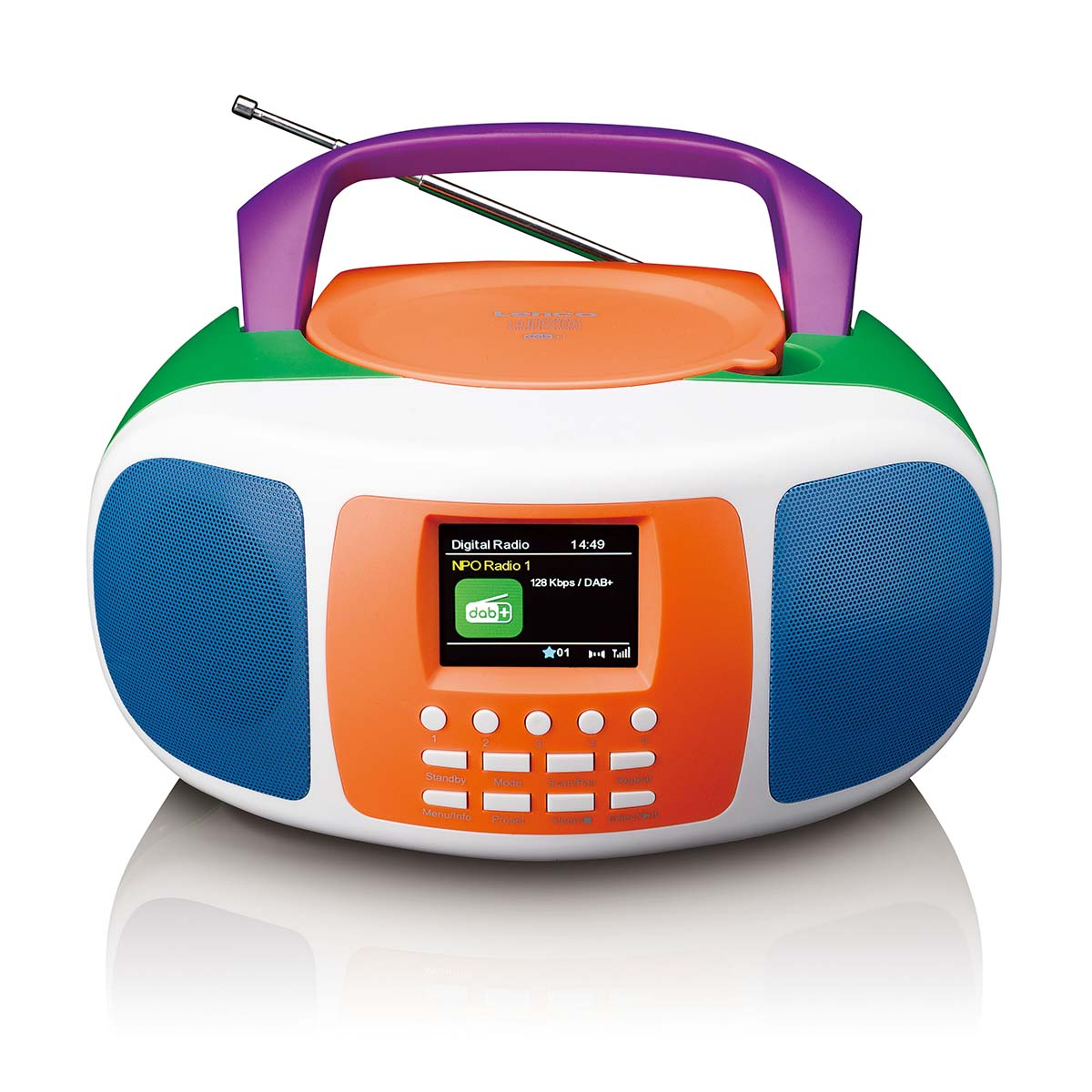 Ein bunter Digitalradio-CD-Player mit blauen Lautsprechern und einem LCD-Bildschirm.