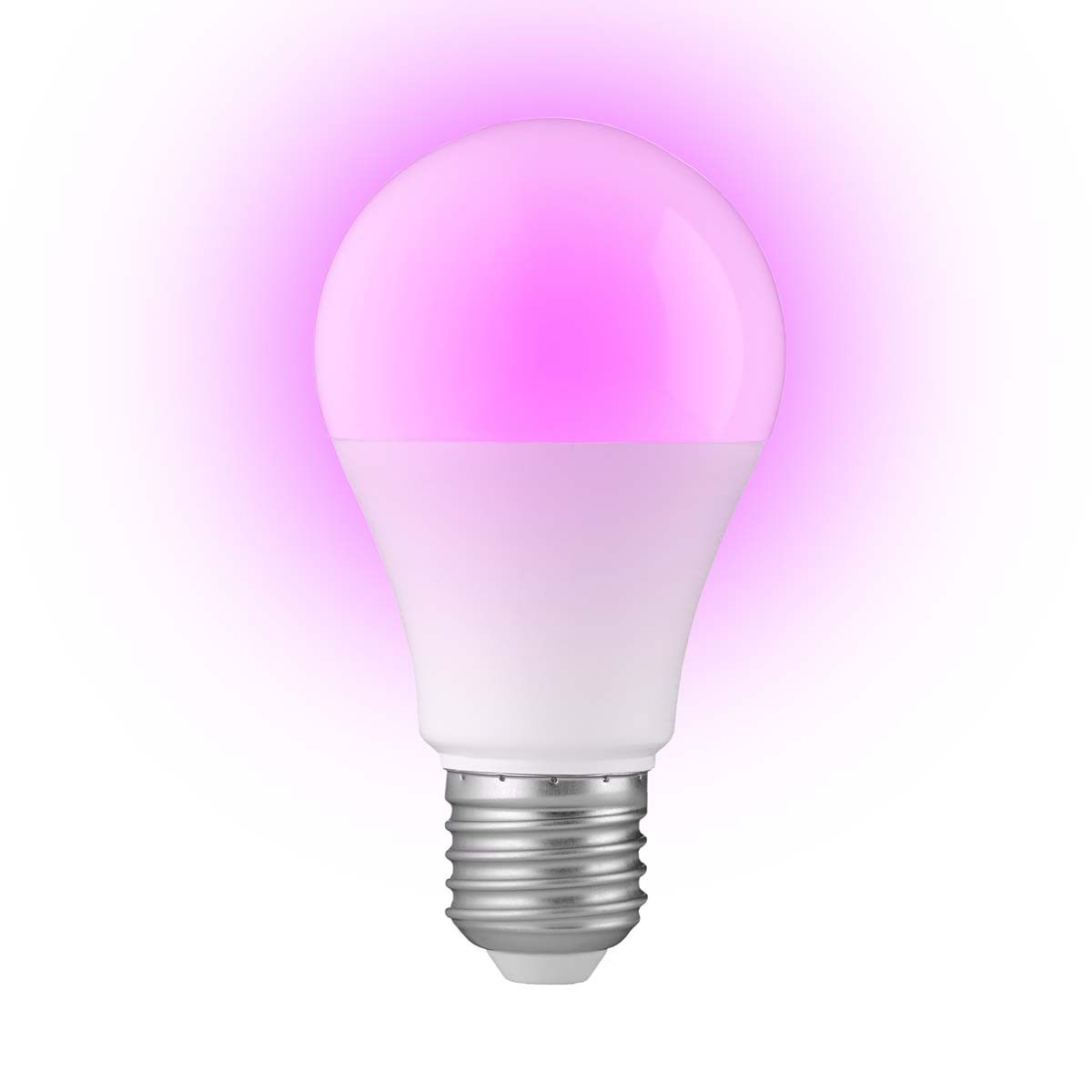 Eine weiße Glühbirne leuchtet in einem zarten Pinkton.