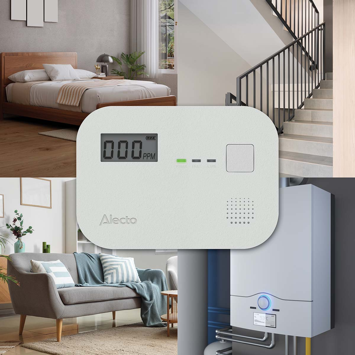 Czujnik dymu nad sofą, łóżkiem, klatką schodową i kotłem.