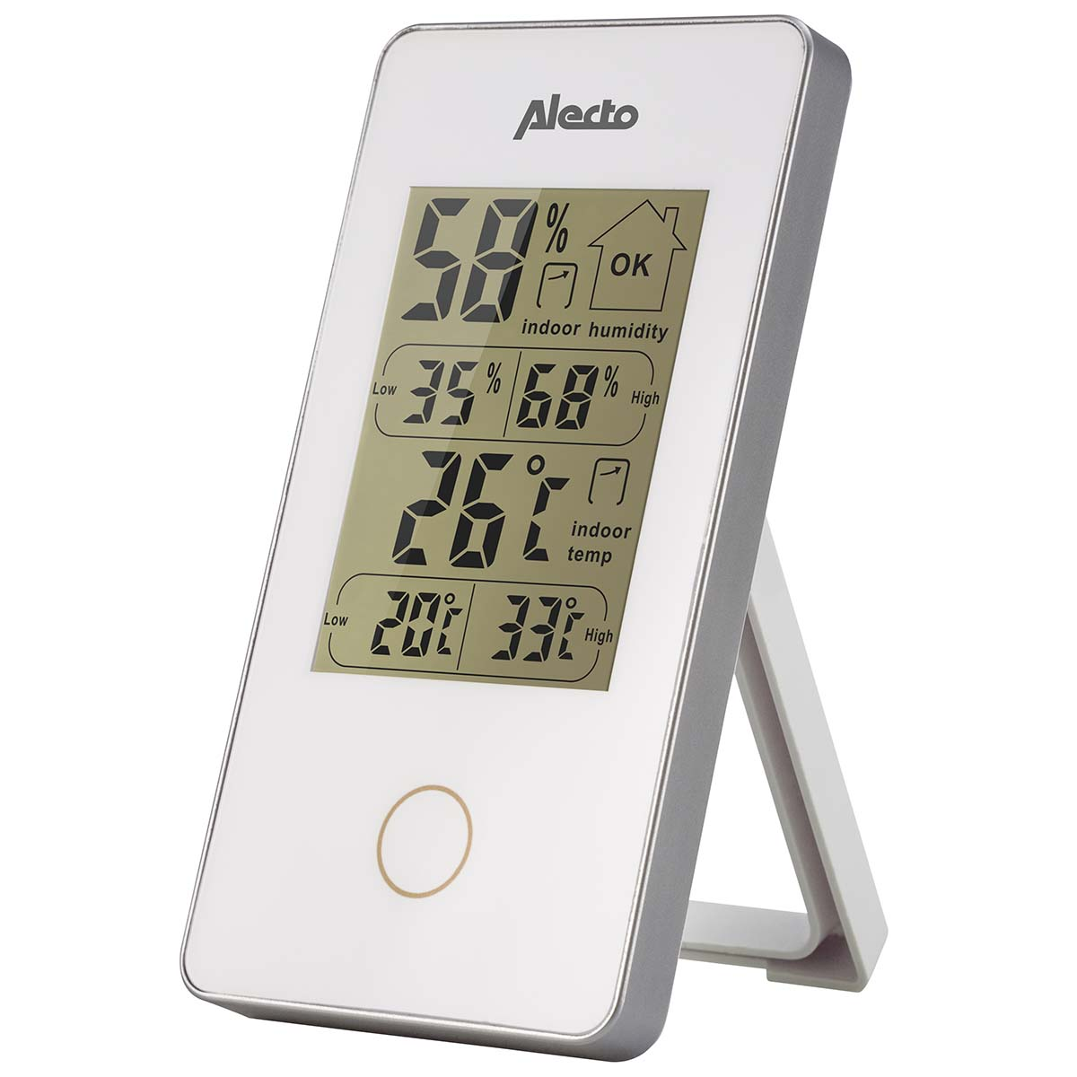 Un igrometro e termometro digitale Alecto bianco mostra 58% di umidità e 26°C.
