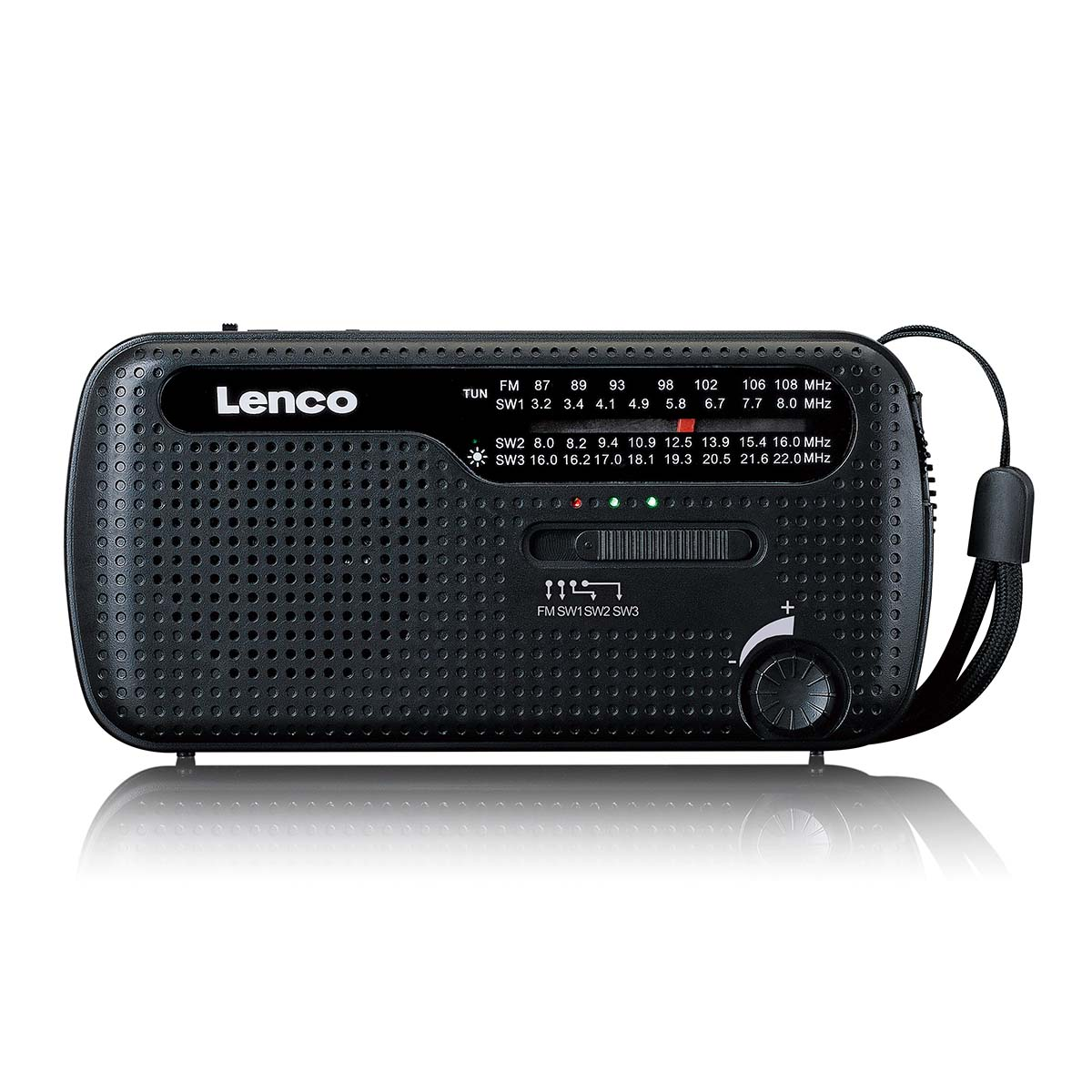 Una radio Lenco negra con banda de frecuencia FM/SW y dial de volumen.