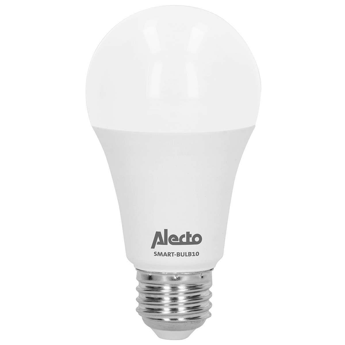 Eine weiße Alecto Smart-Glühbirne mit silbernem Gewindesockel, isoliert auf weißem Hintergrund.