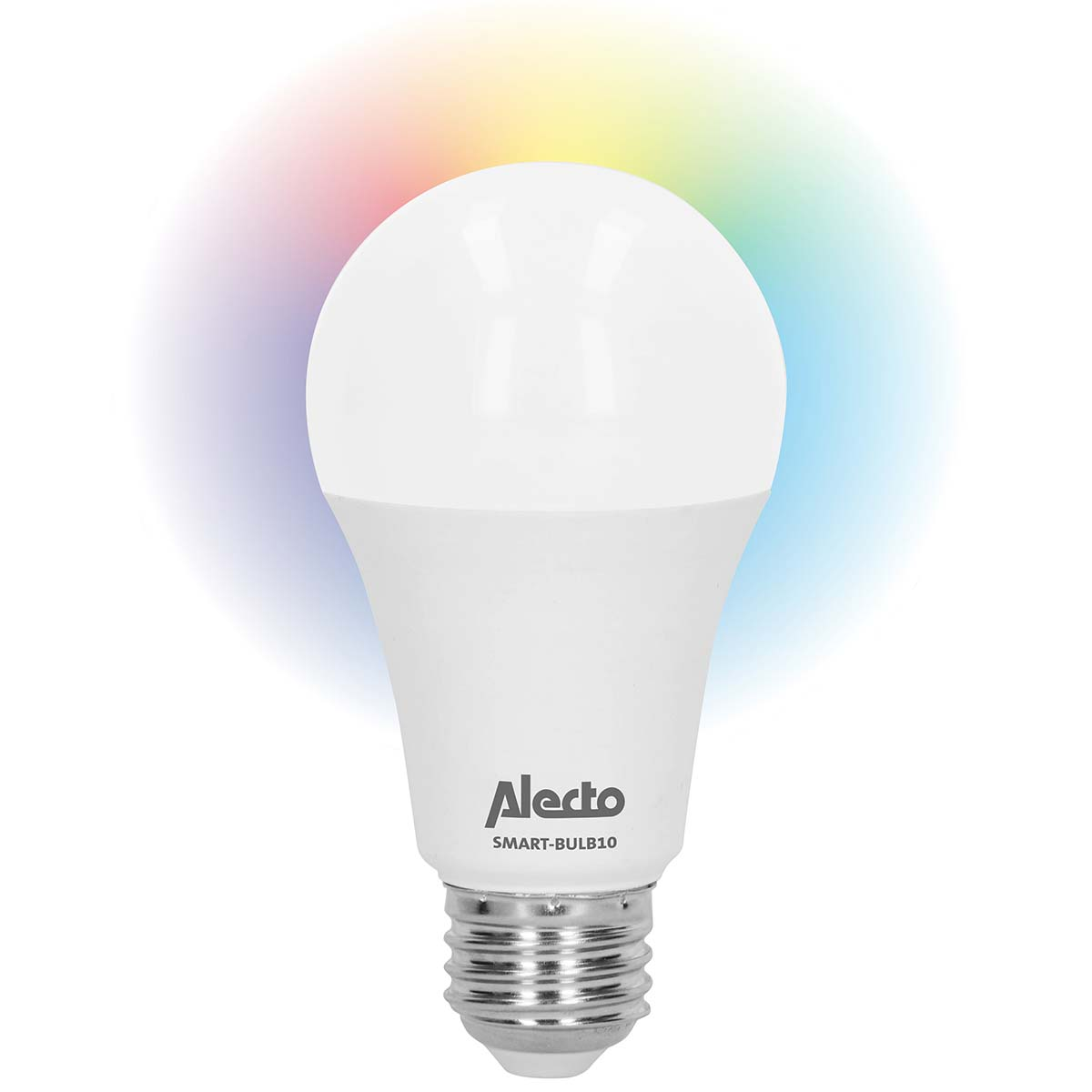 Eine weiße LED-Glühbirne mit dem Alecto-Logo und Farbverlauf im Hintergrund.